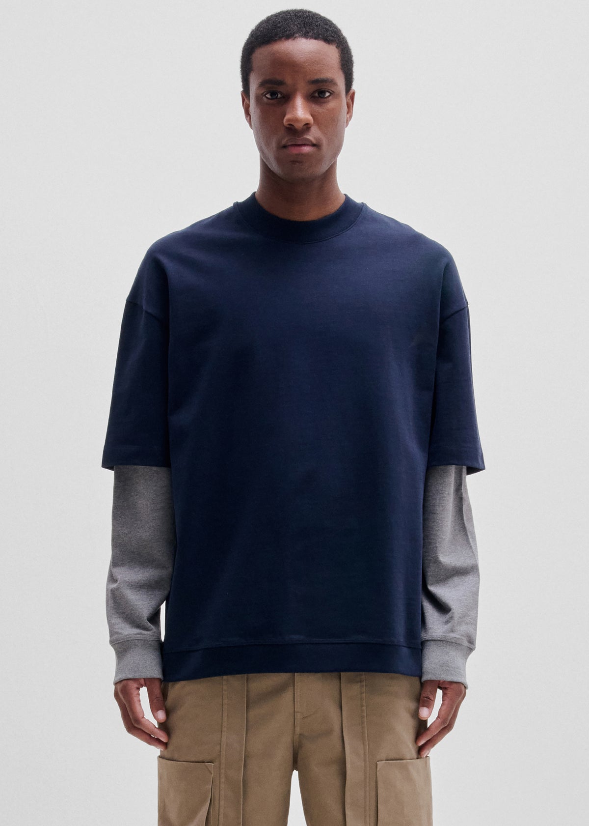 Darkpark Troy Double Colour Sleeve Tee - Dark Blue/Grey Melange