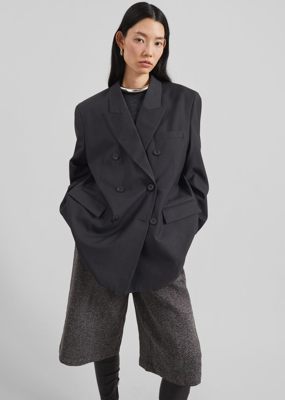 Daroca Double-Breasted Blazer - Charcoal - 1