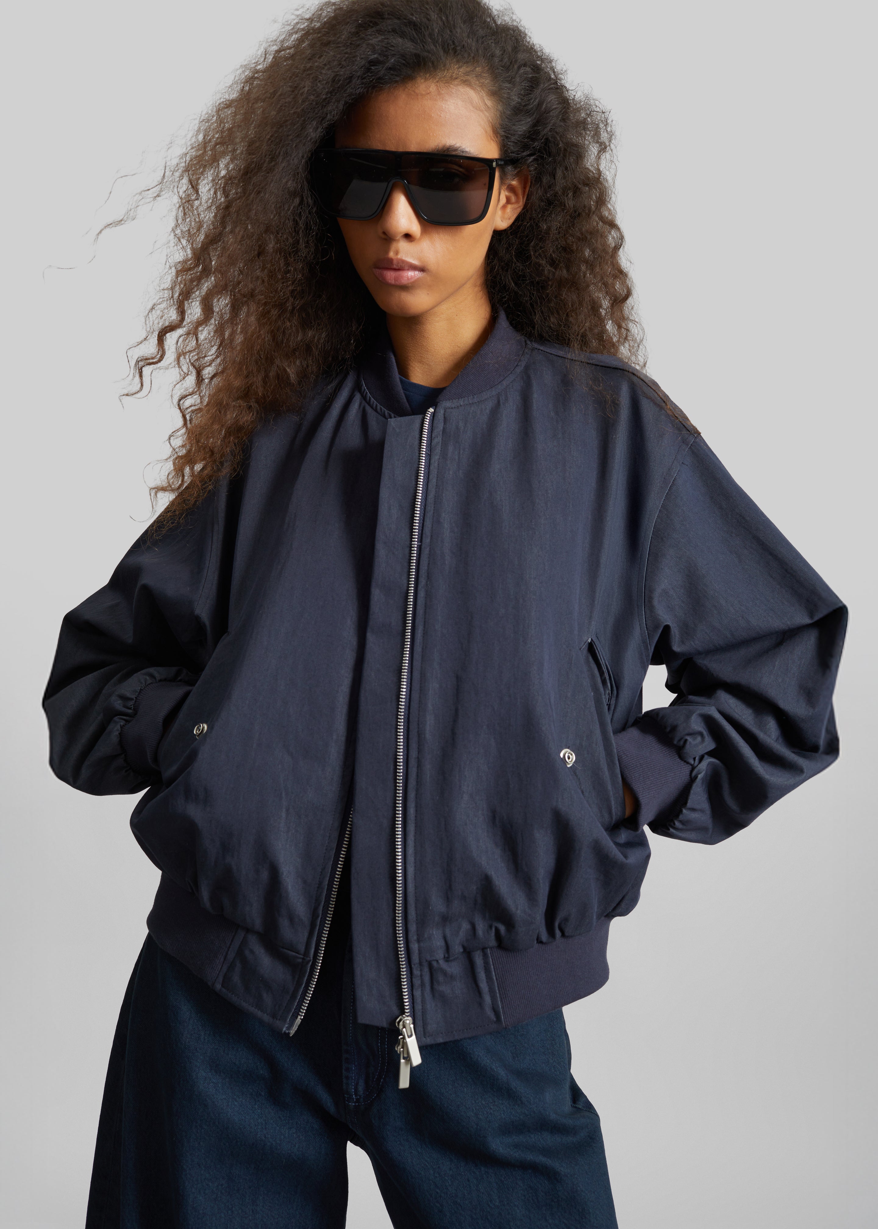 Davron Denim Effect Bomber Jacket - Dark Navy - 1