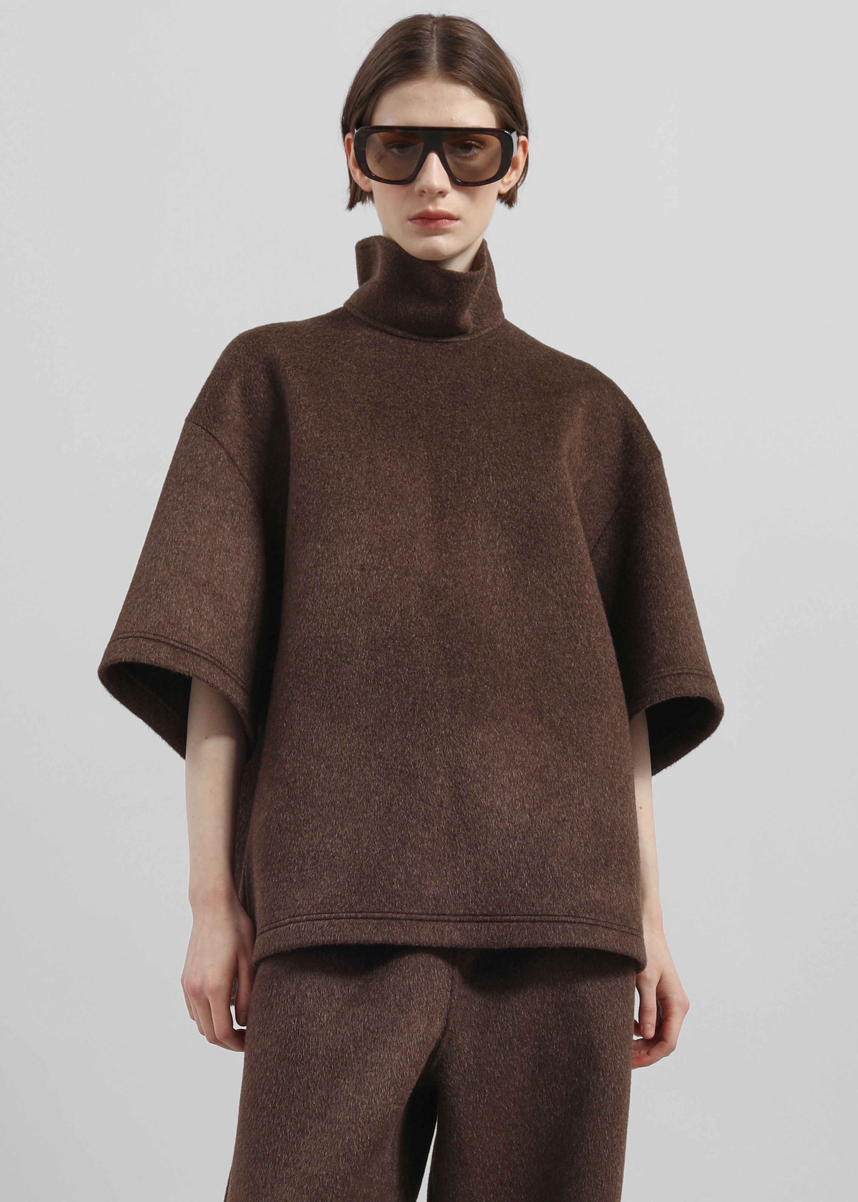 Delancey Mock Neck Wool Top - Brown Melange - 5