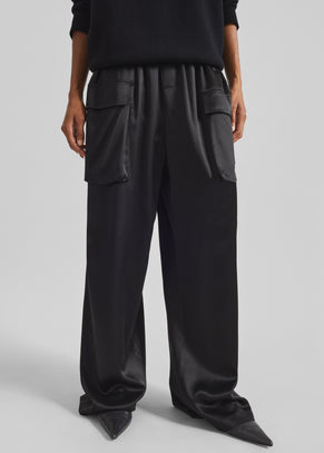 Delny Satin Cargo Pants - Black