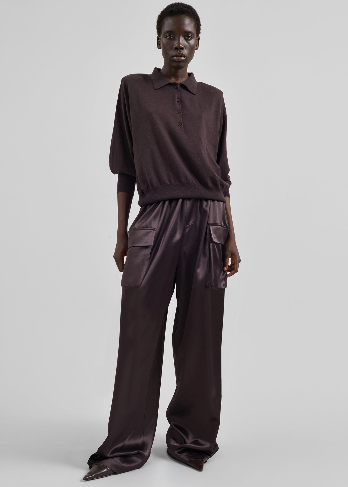 Delny Satin Cargo Pants - Dark Brown - 4