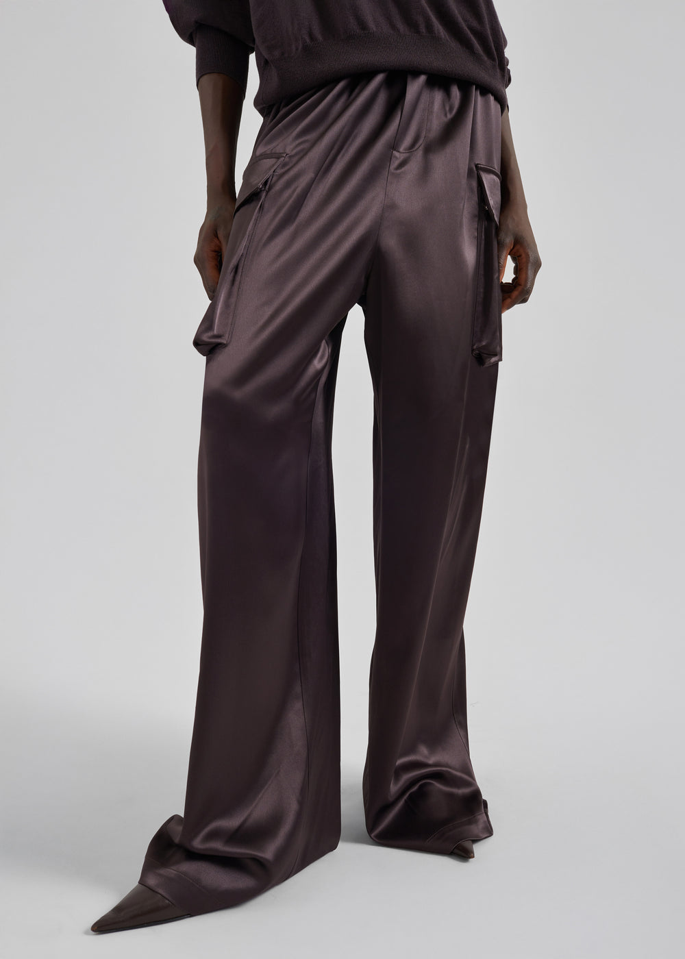 Delny Satin Cargo Pants - Dark Brown - 1