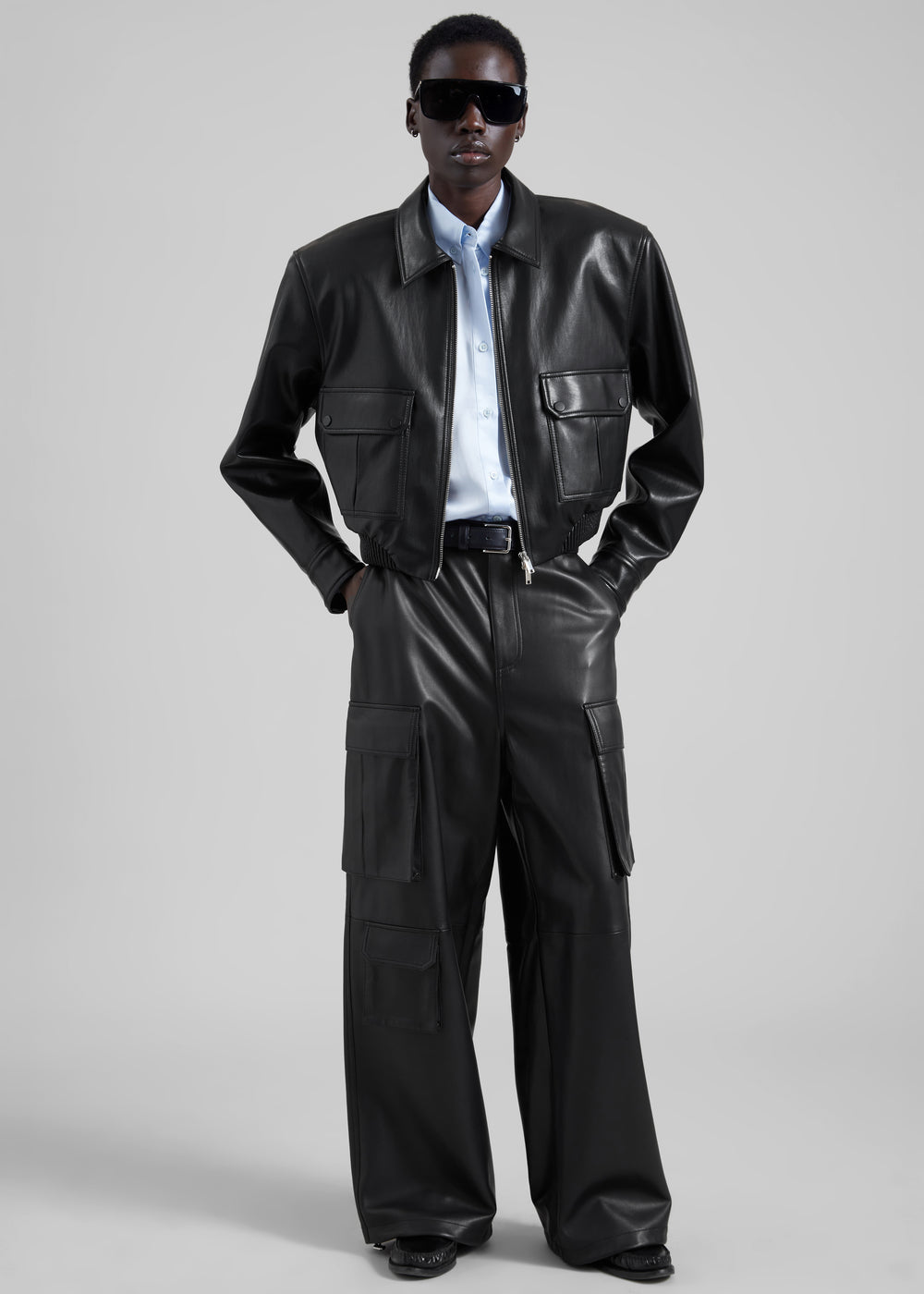 Denain Faux Leather Cropped Bomber Jacket - Black - 1