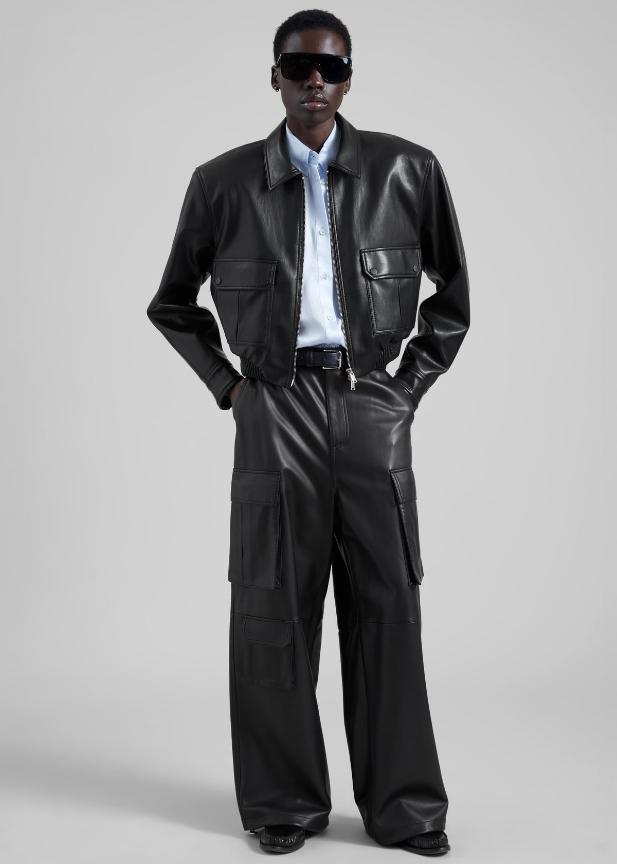 Denain Faux Leather Cropped Bomber Jacket - Black - 2