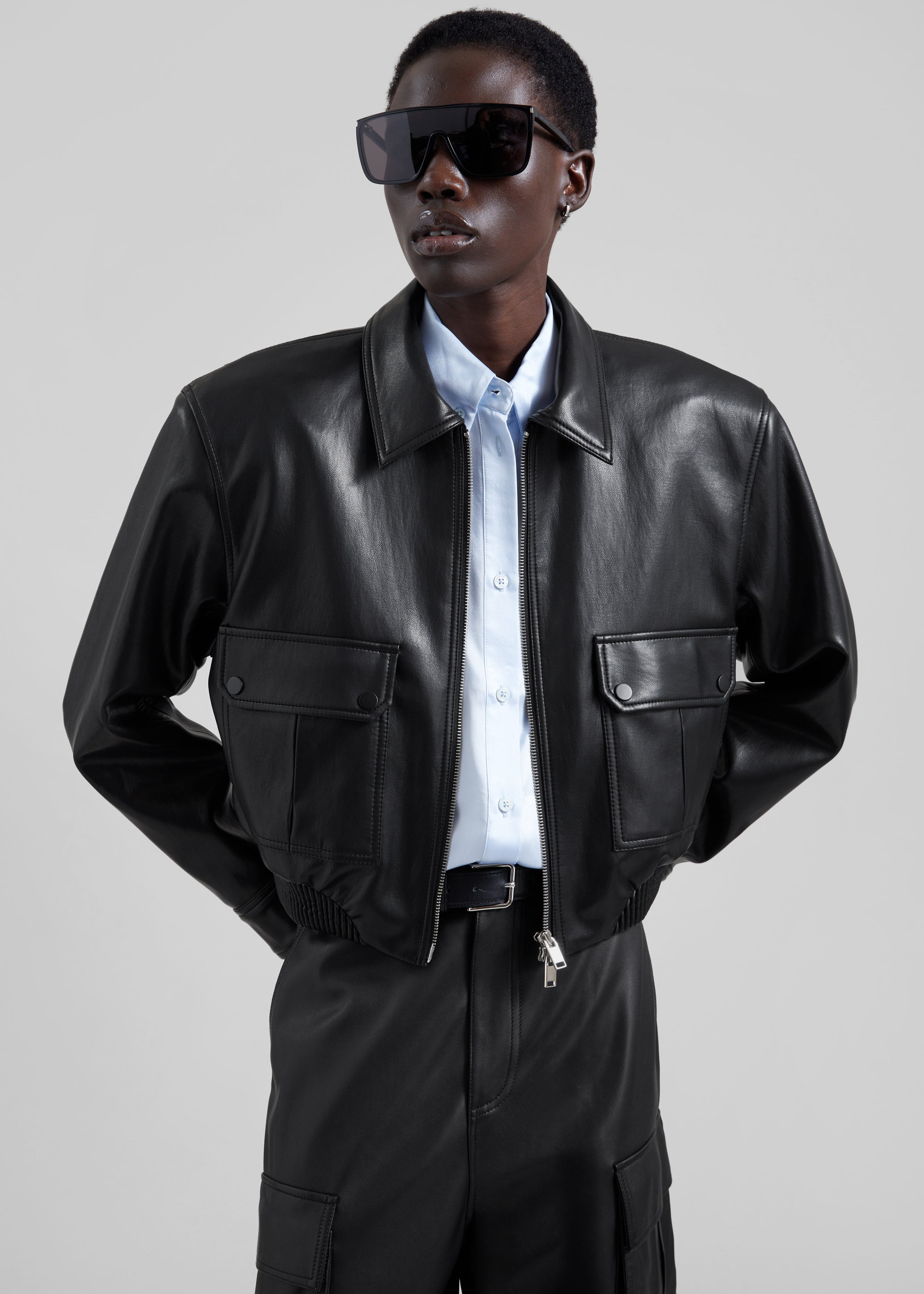 Denain Faux Leather Cropped Bomber Jacket - Black - 1