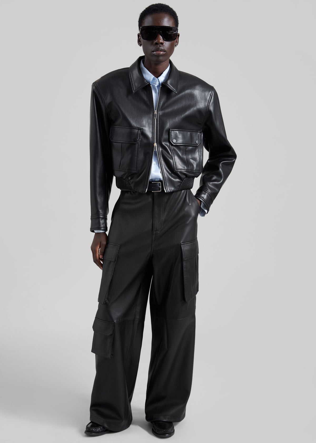 Denain Faux Leather Cropped Bomber Jacket - Black - 5