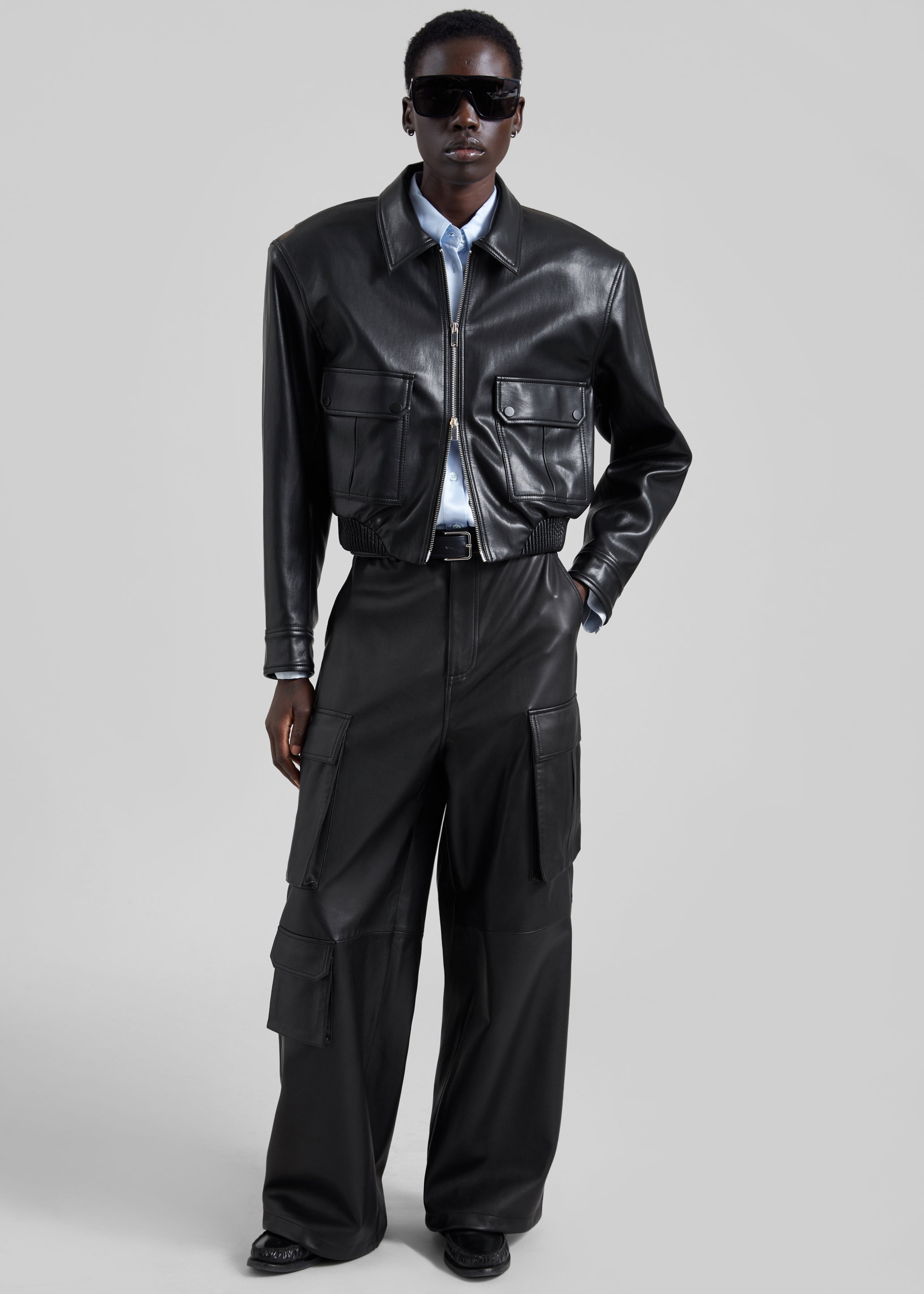 Denain Faux Leather Cropped Bomber Jacket - Black - 5