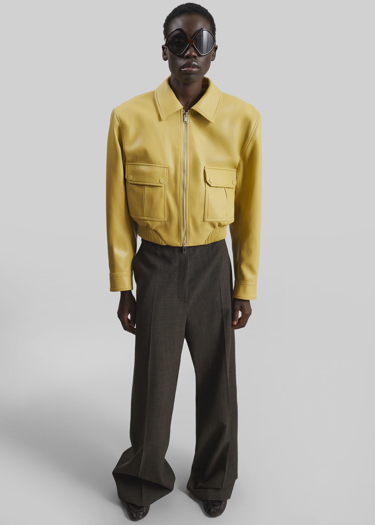 Denain Faux Leather Cropped Bomber Jacket - Yellow - 4