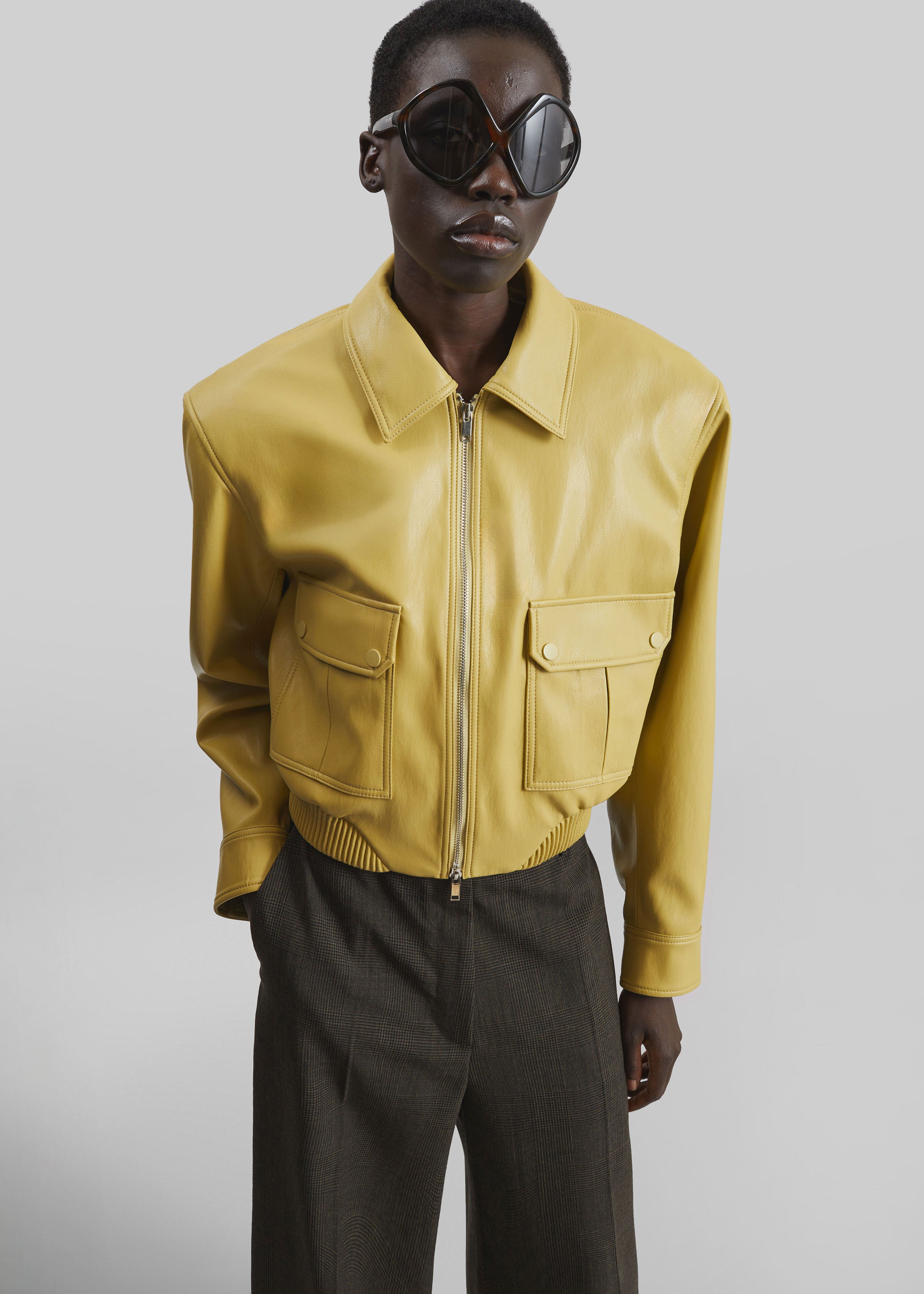 Denain Faux Leather Cropped Bomber Jacket - Yellow - 3