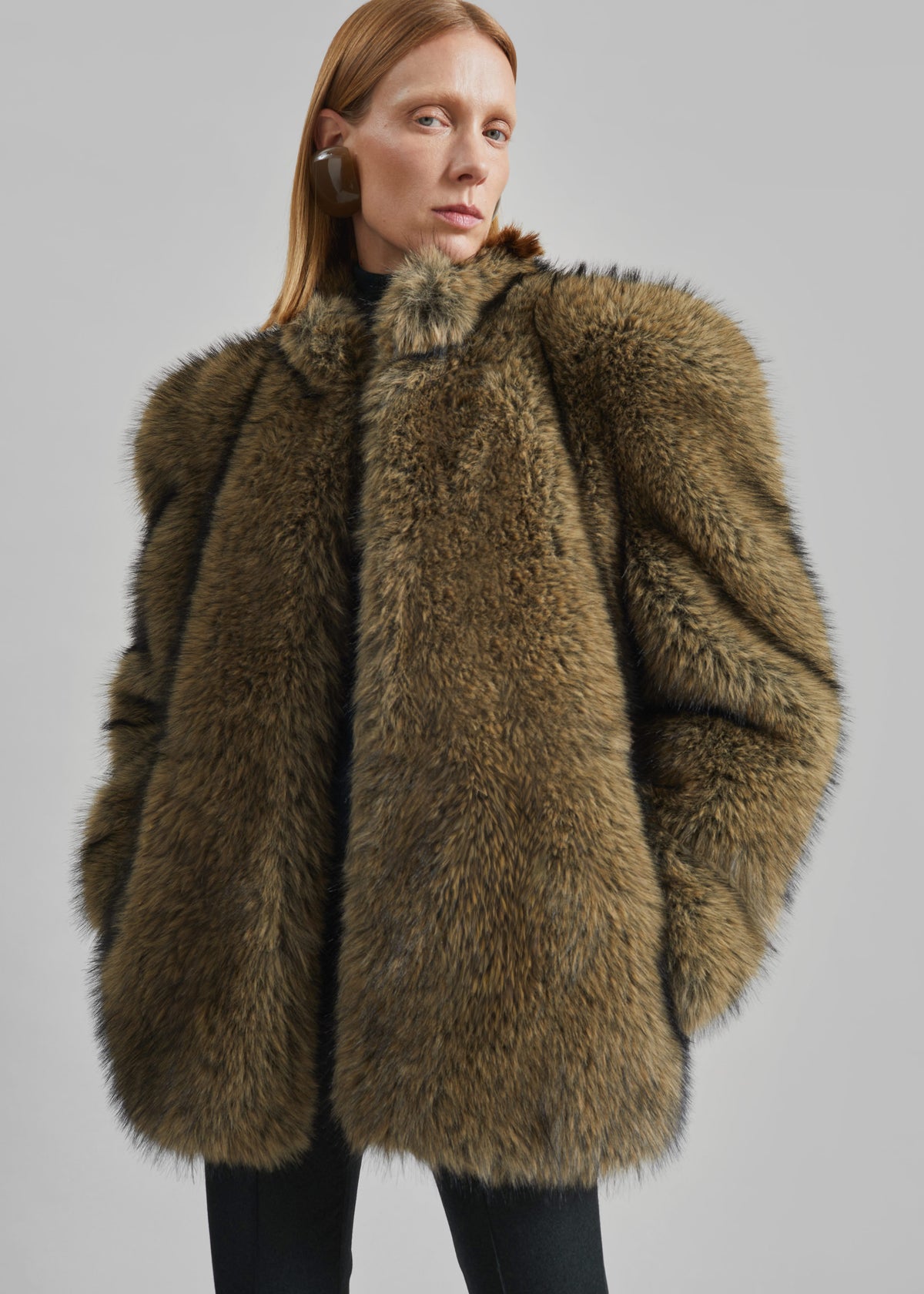 Denia Faux Fur Cinched Jacket - Moss Green Melange