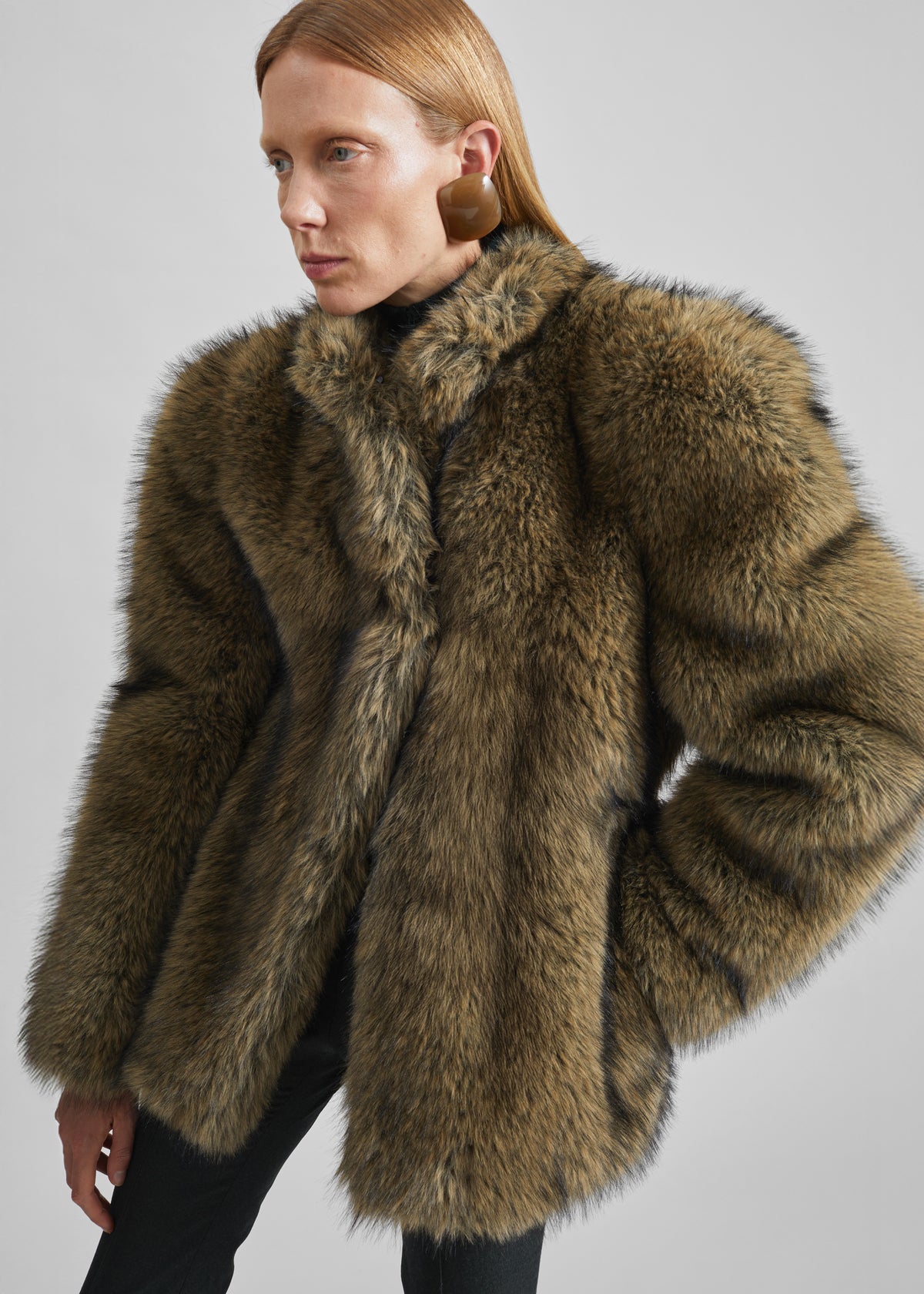 Denia Faux Fur Cinched Jacket - Moss Green Melange