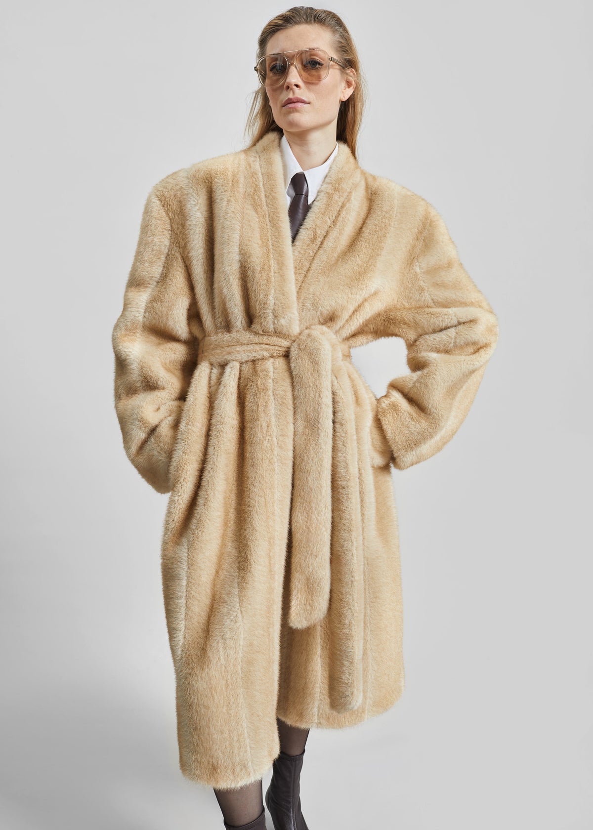 Destiny Padded Faux Fur Coat - Beige - 1