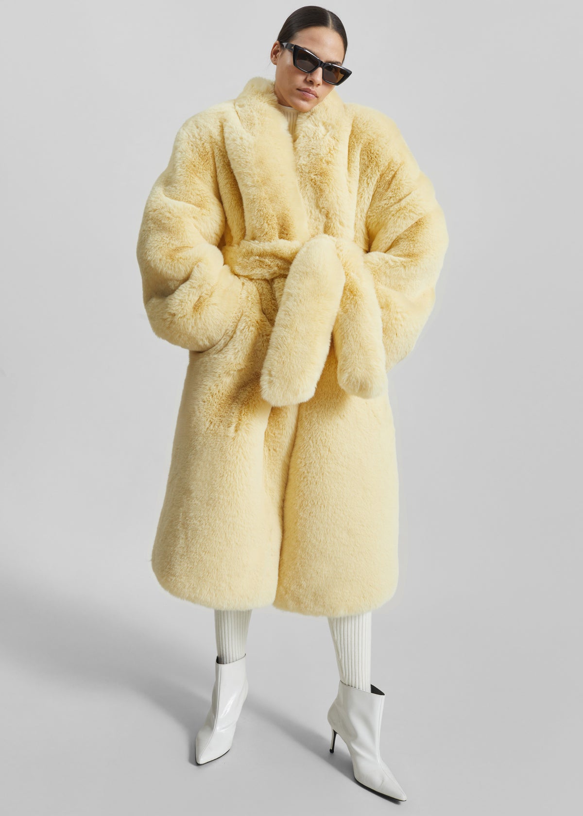 Destiny Padded Faux Fur Coat - Pale Yellow