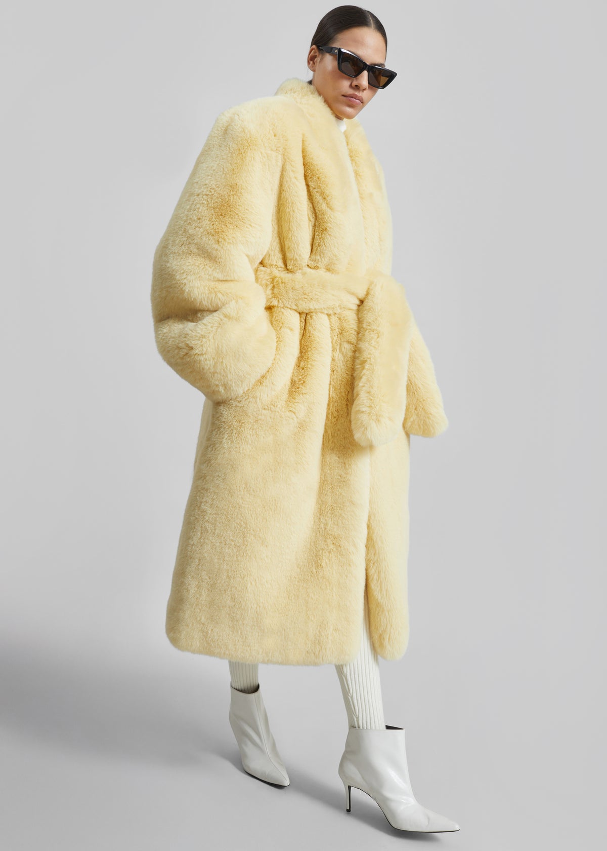 Destiny Padded Faux Fur Coat - Pale Yellow