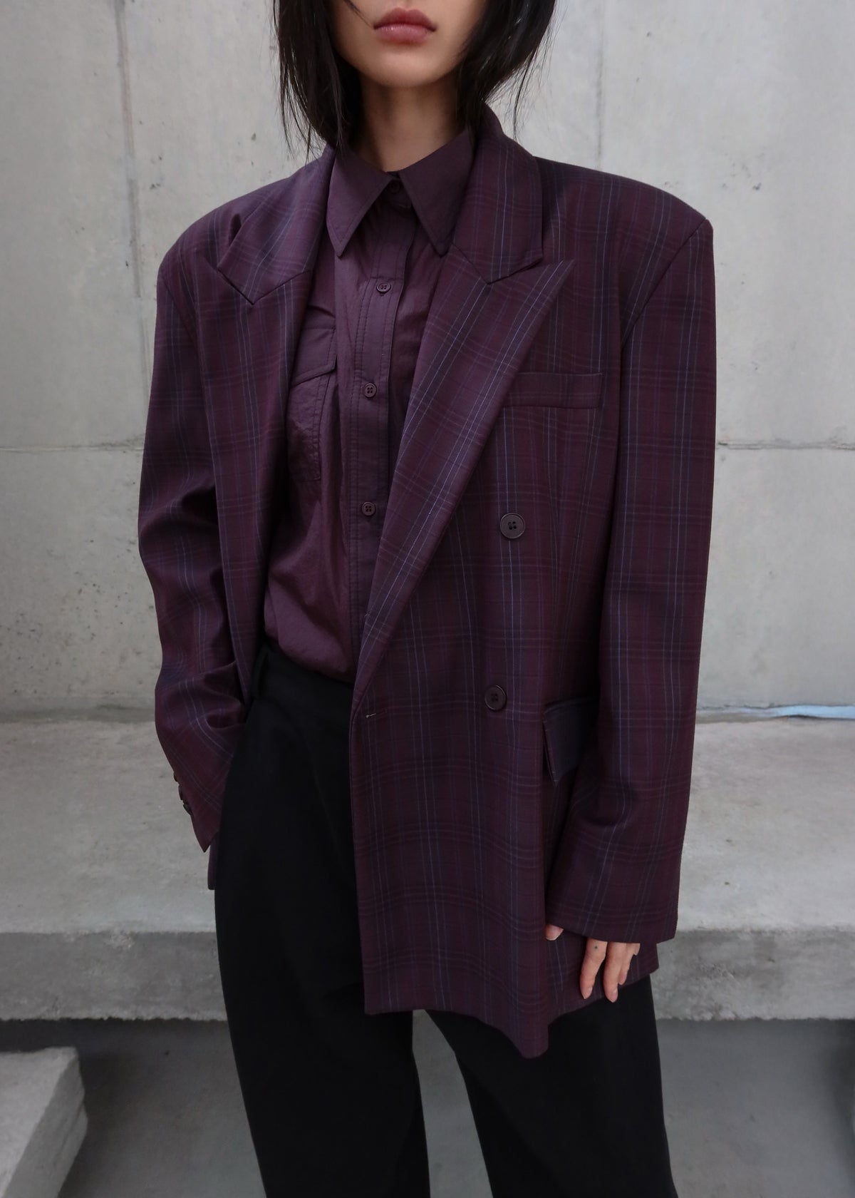 Dinant Padded Double-Breasted Blazer - Burgundy Plaid - 7