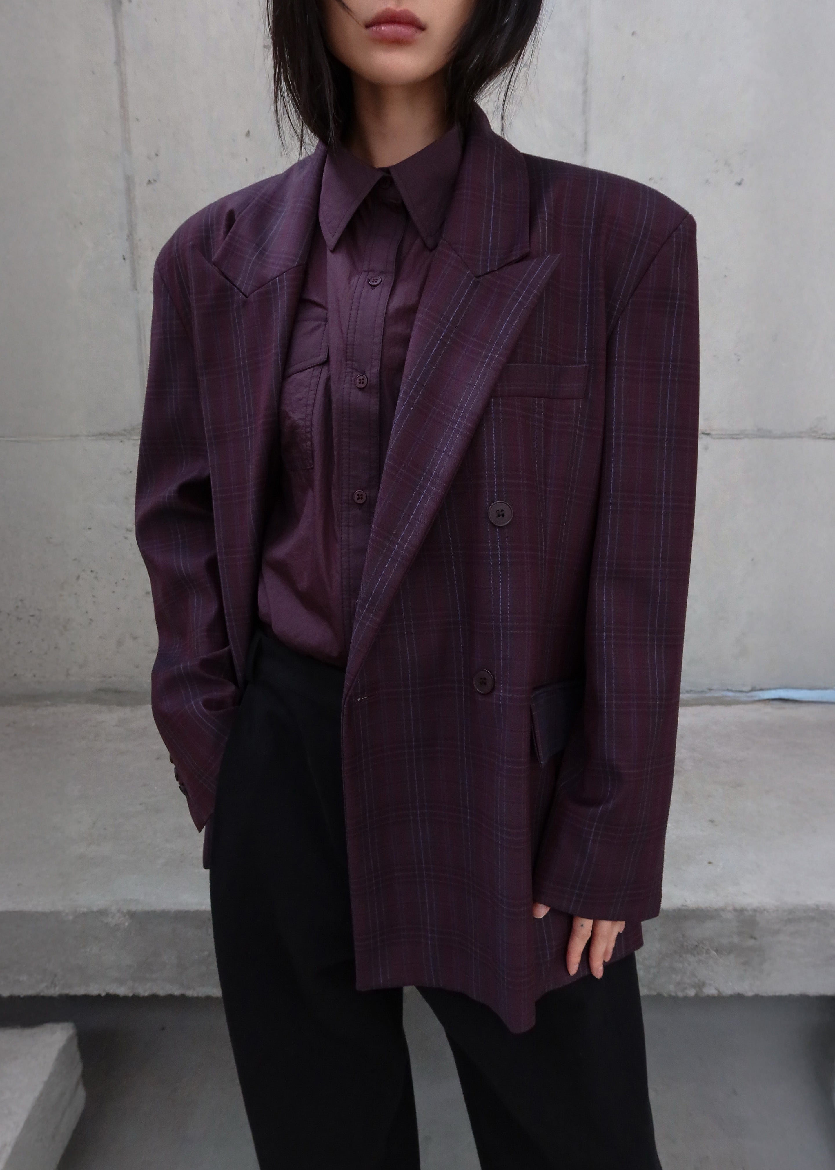 Dinant Padded Double-Breasted Blazer - Burgundy Plaid - 7