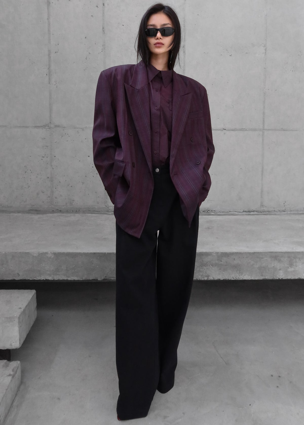 Dinant Padded Double-Breasted Blazer - Burgundy Plaid - 8