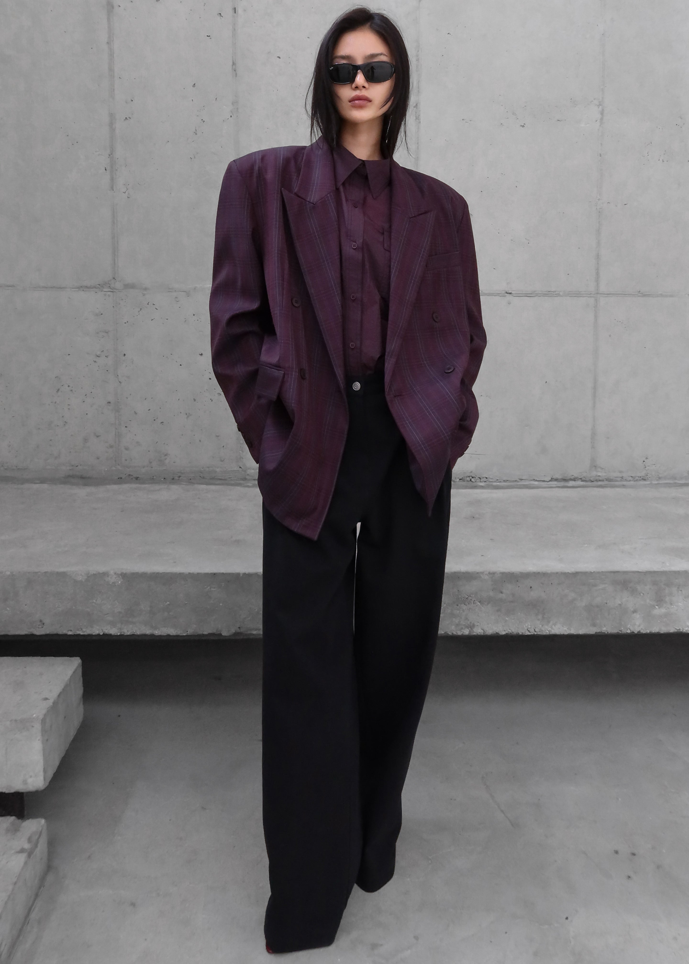 Dinant Padded Double-Breasted Blazer - Burgundy Plaid - 8