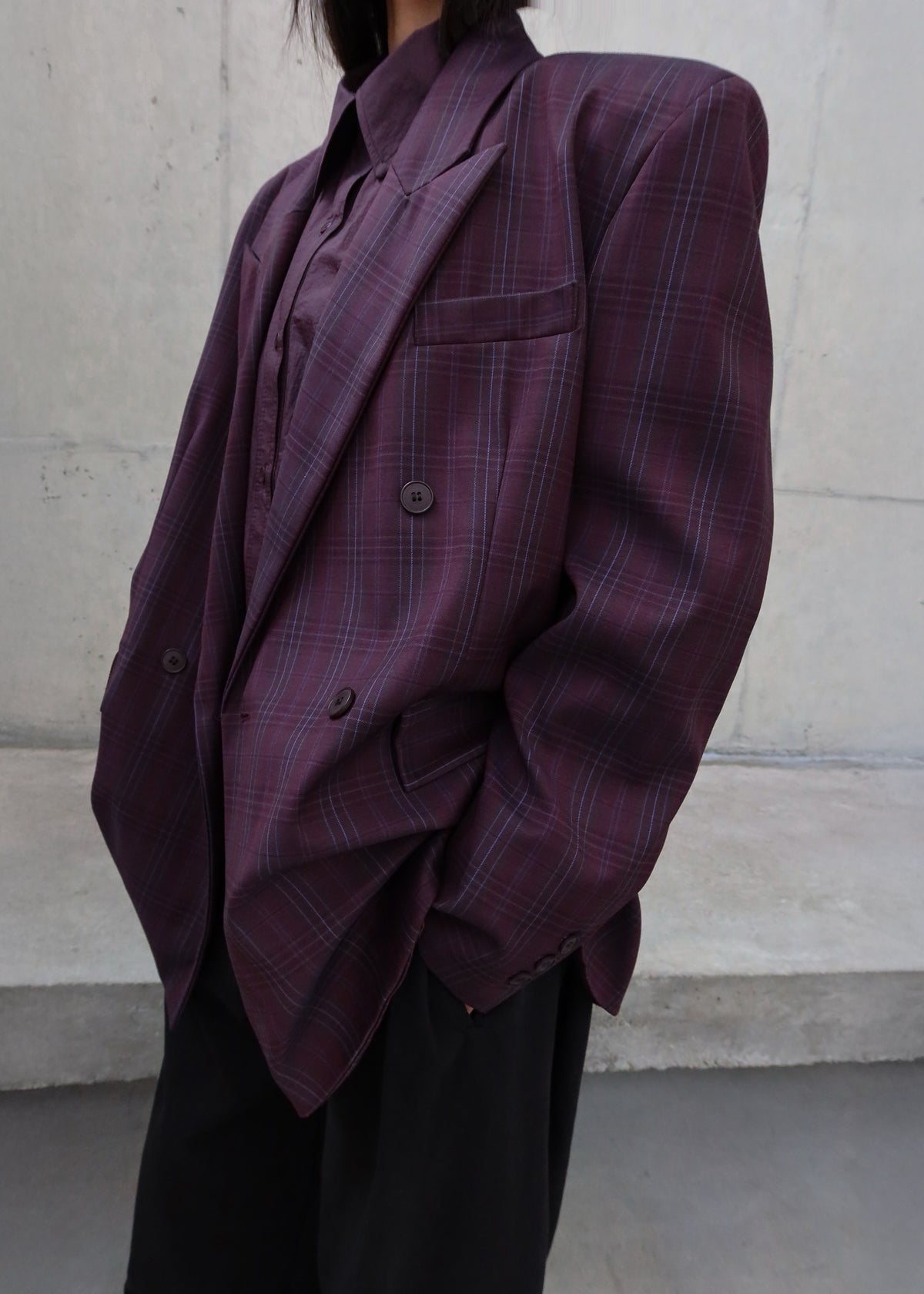 Dinant Padded Double-Breasted Blazer - Burgundy Plaid - 3