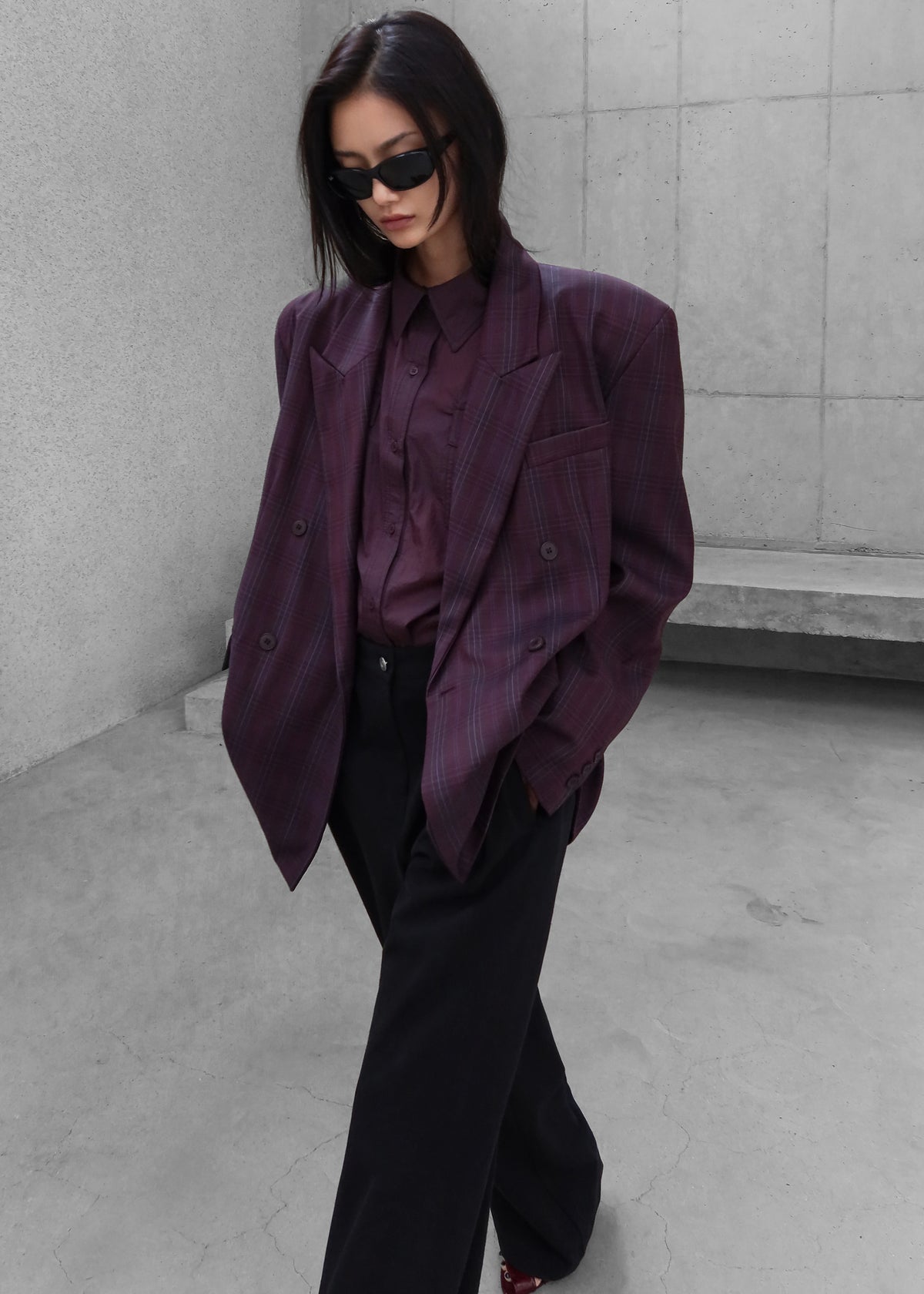 Dinant Padded Double-Breasted Blazer - Burgundy Plaid - 5