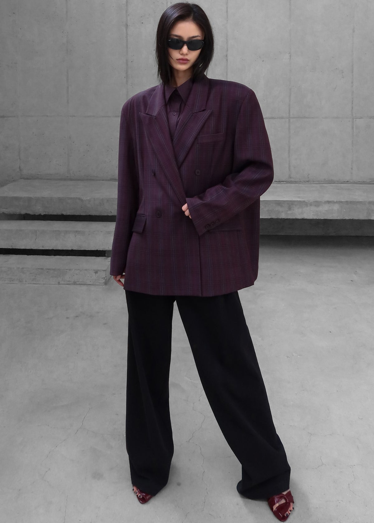 Dinant Padded Double-Breasted Blazer - Burgundy Plaid - 9