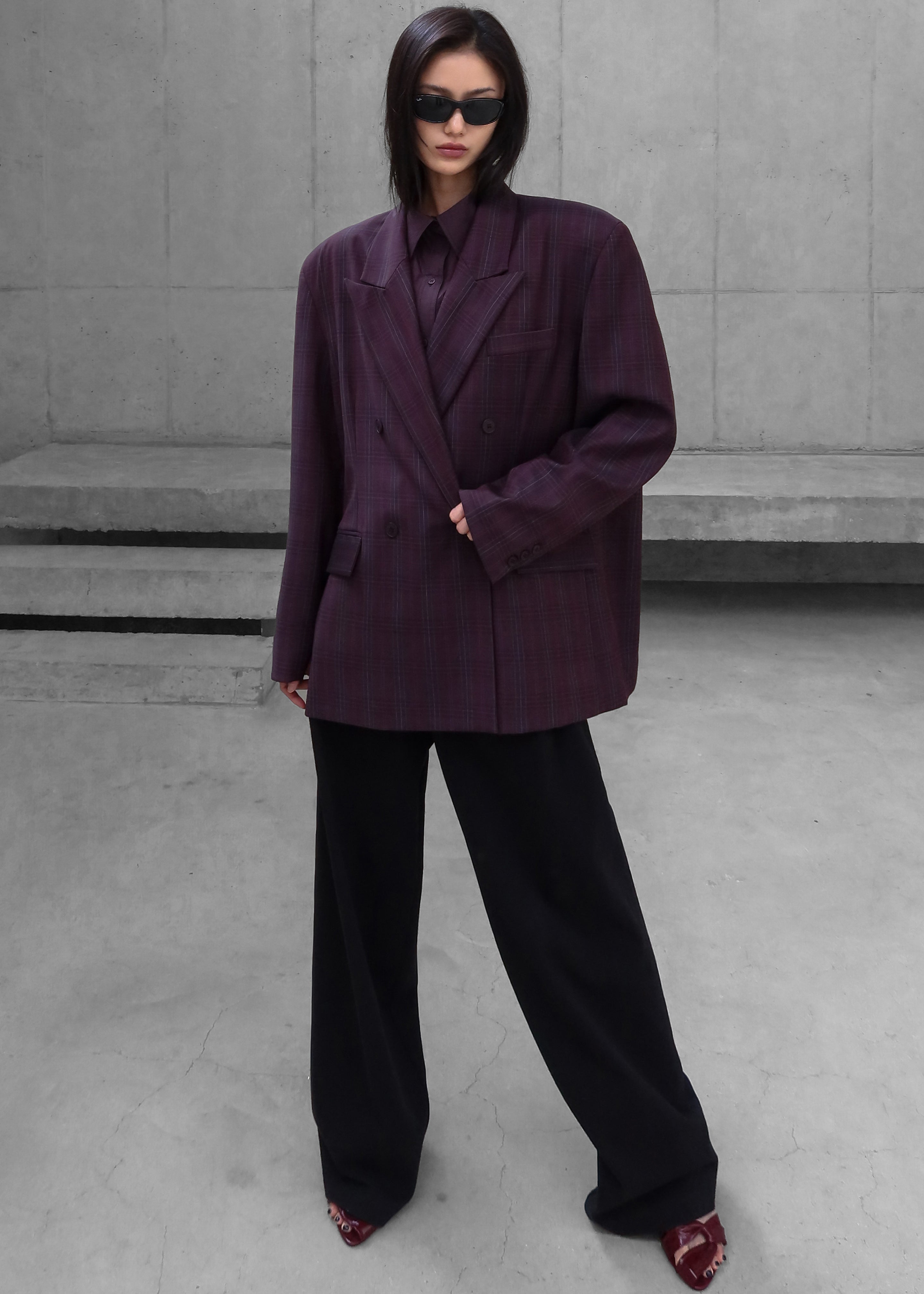 Dinant Padded Double-Breasted Blazer - Burgundy Plaid - 9