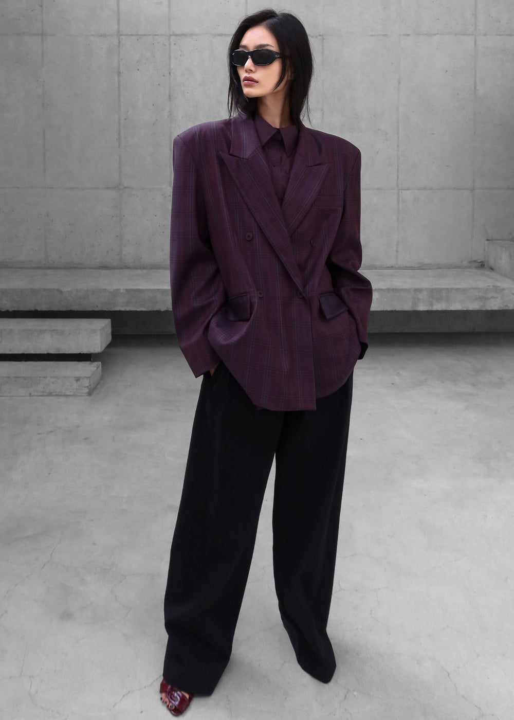 Dinant Padded Double-Breasted Blazer - Burgundy Plaid