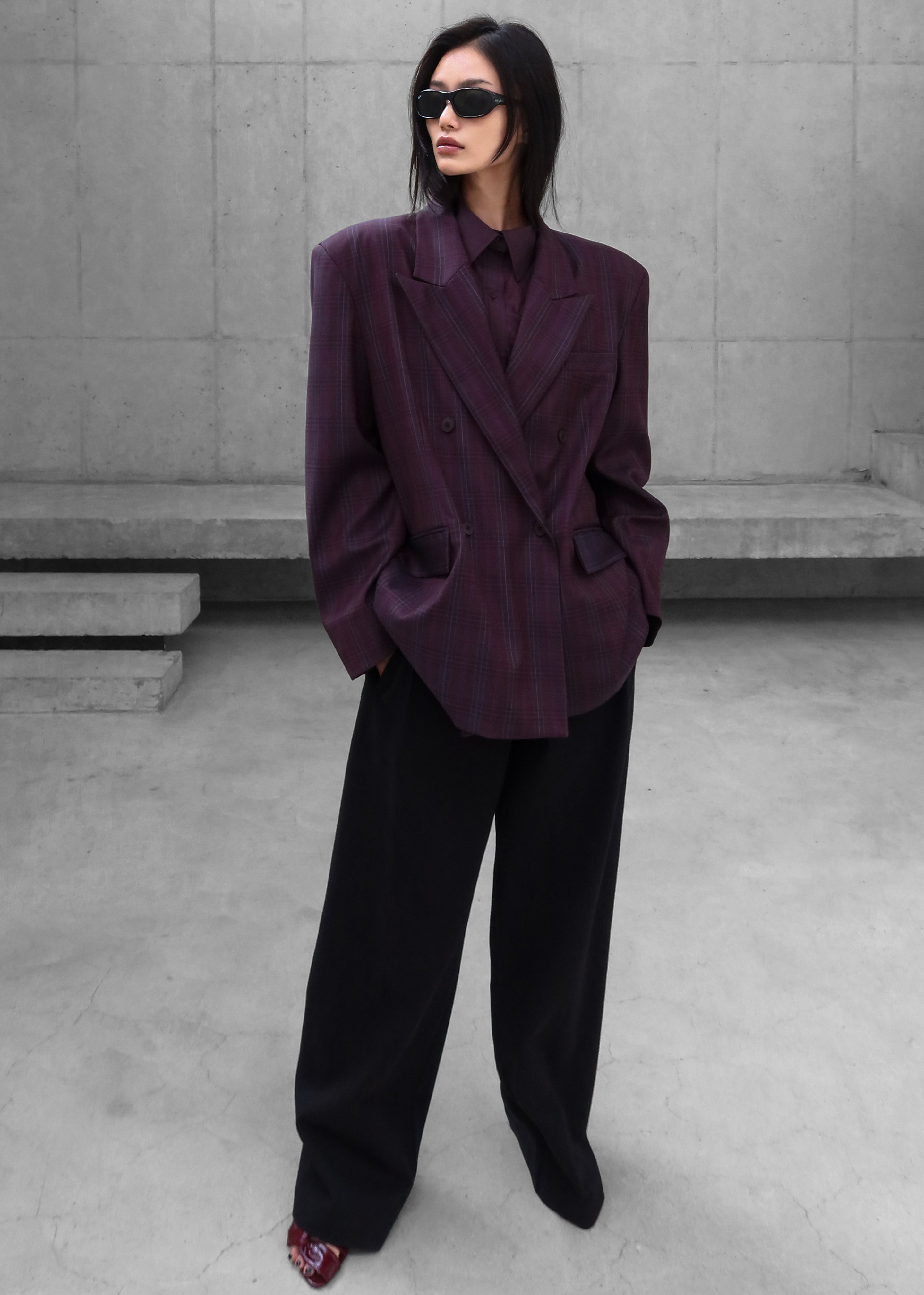 Dinant Padded Double-Breasted Blazer - Burgundy Plaid - 1