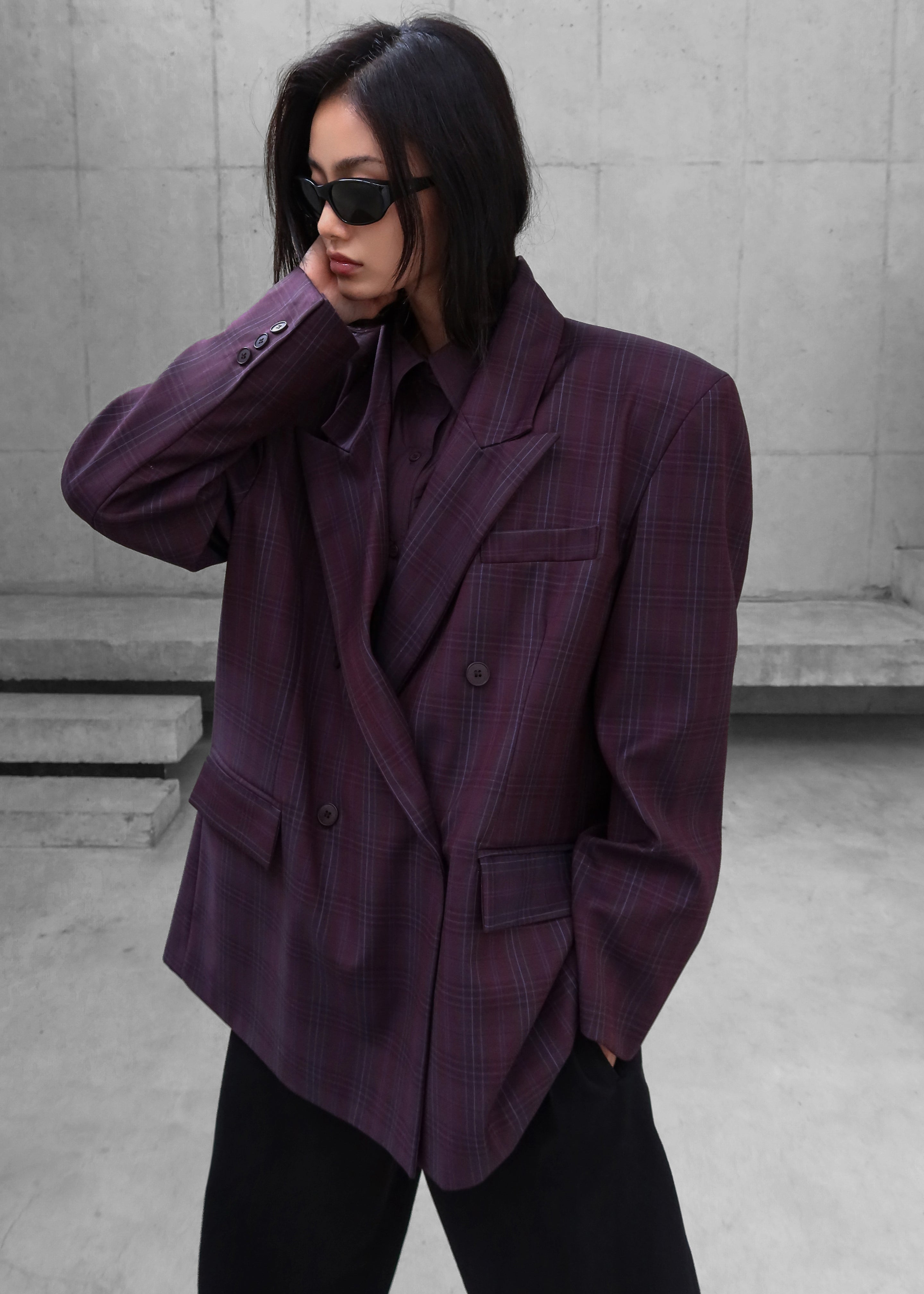 Dinant Padded Double-Breasted Blazer - Burgundy Plaid - 2