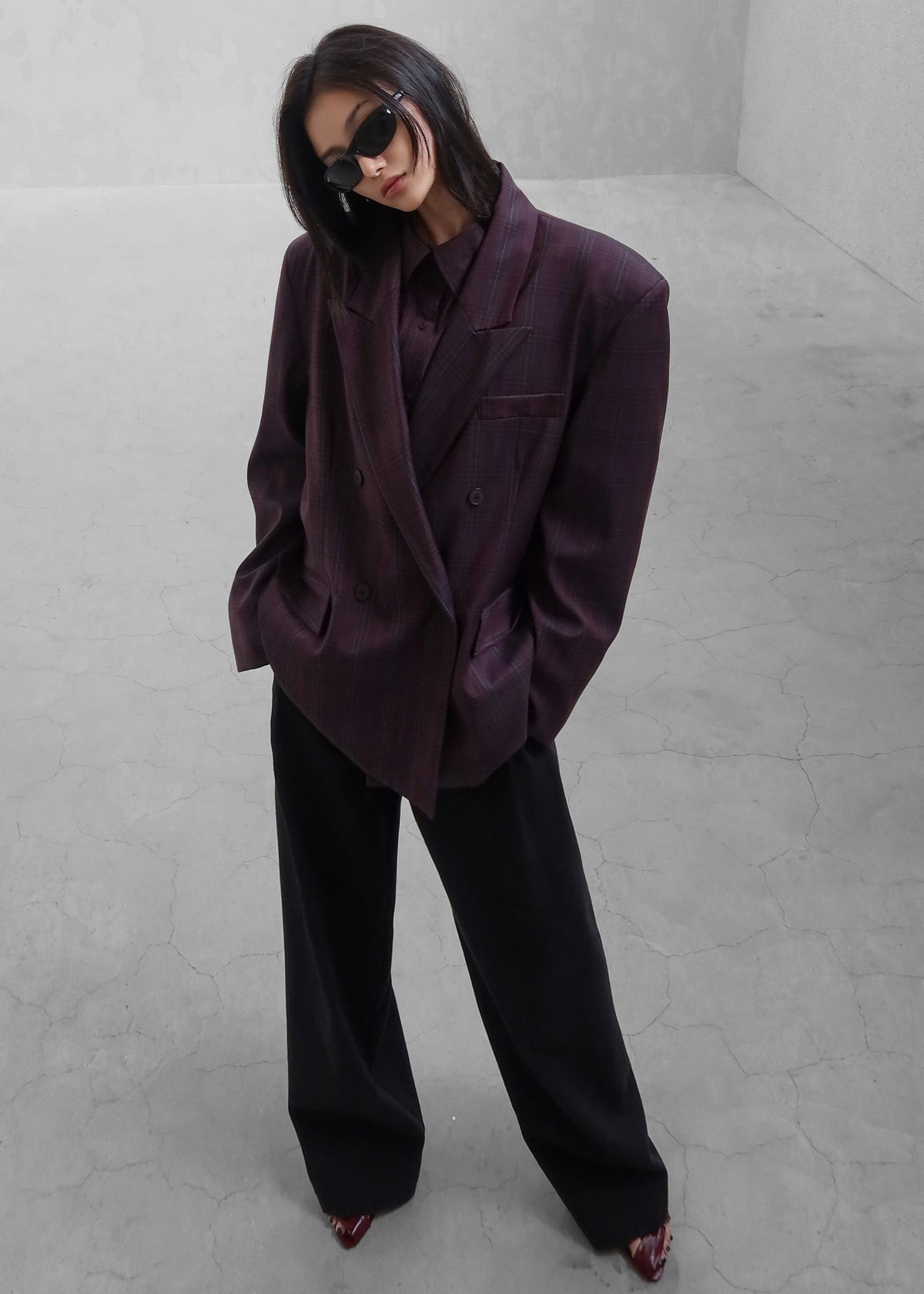 Dinant Padded Double-Breasted Blazer - Burgundy Plaid - 6