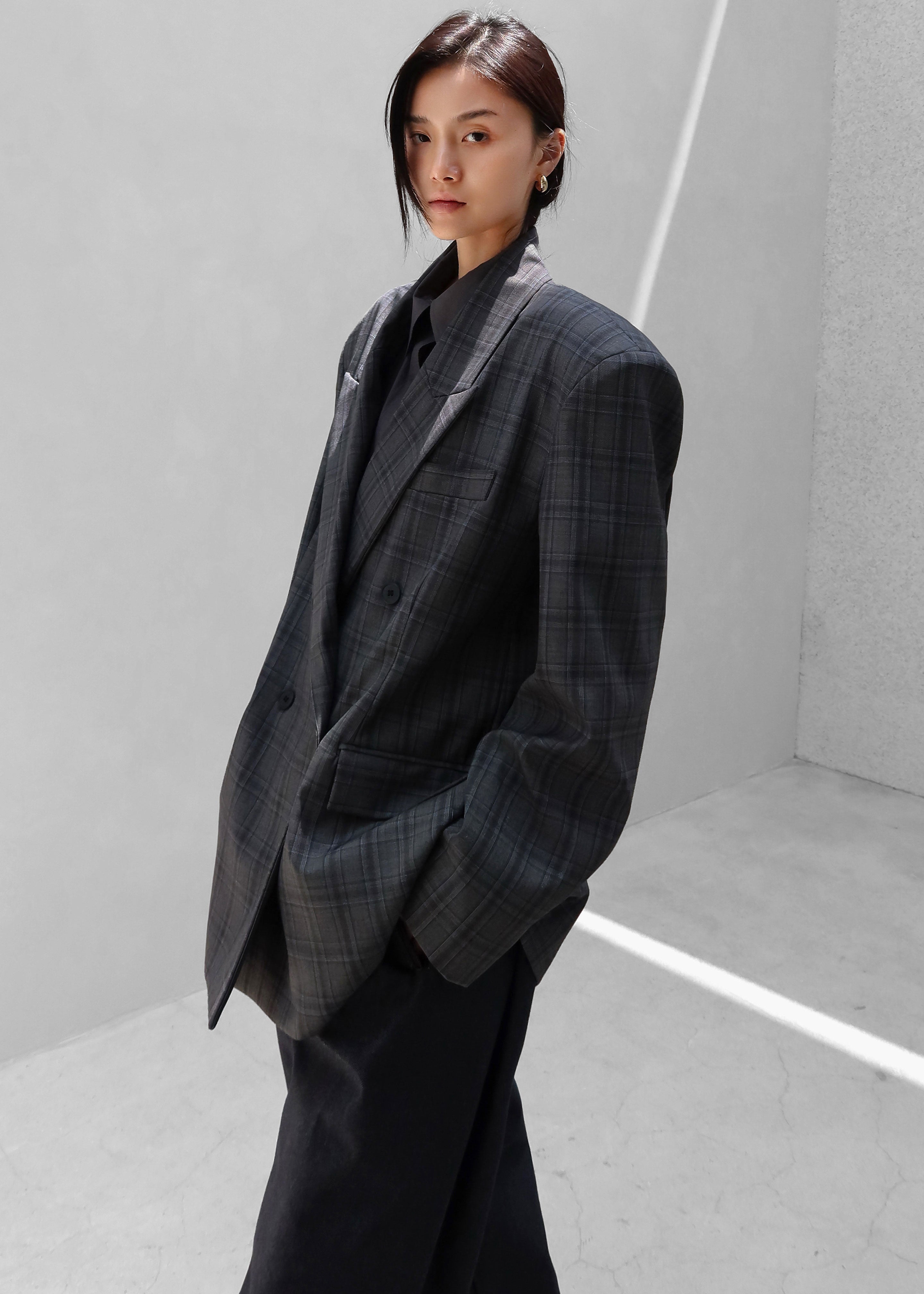 Dinant Padded Double-Breasted Blazer - Grey Plaid - 8