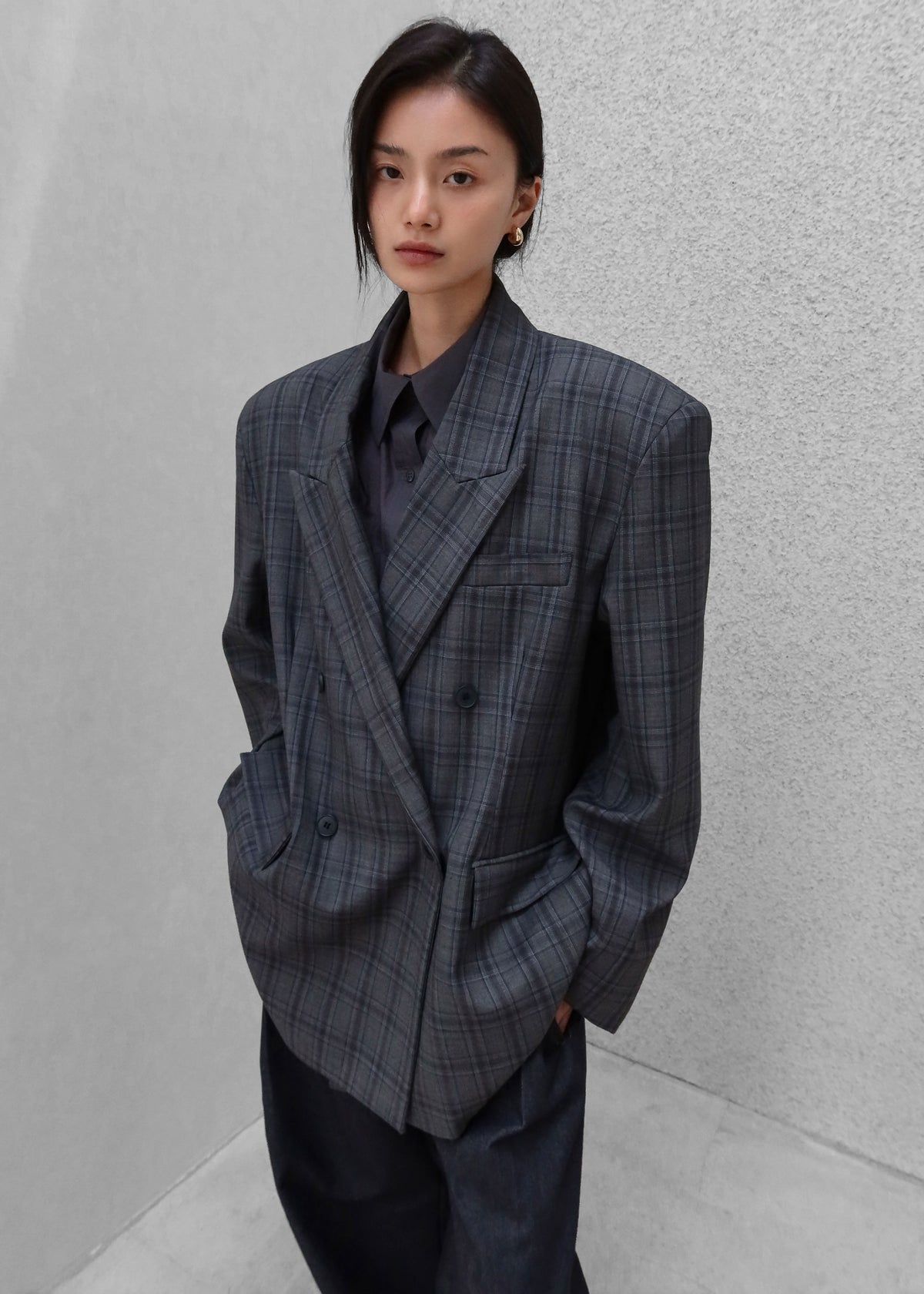 Dinant Padded Double-Breasted Blazer - Grey Plaid - 3