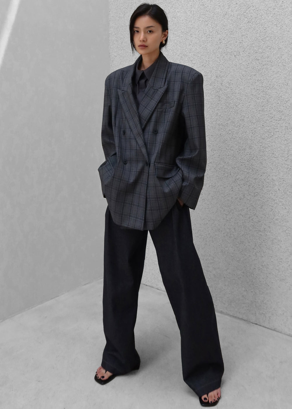 Dinant Padded Double-Breasted Blazer - Grey Plaid