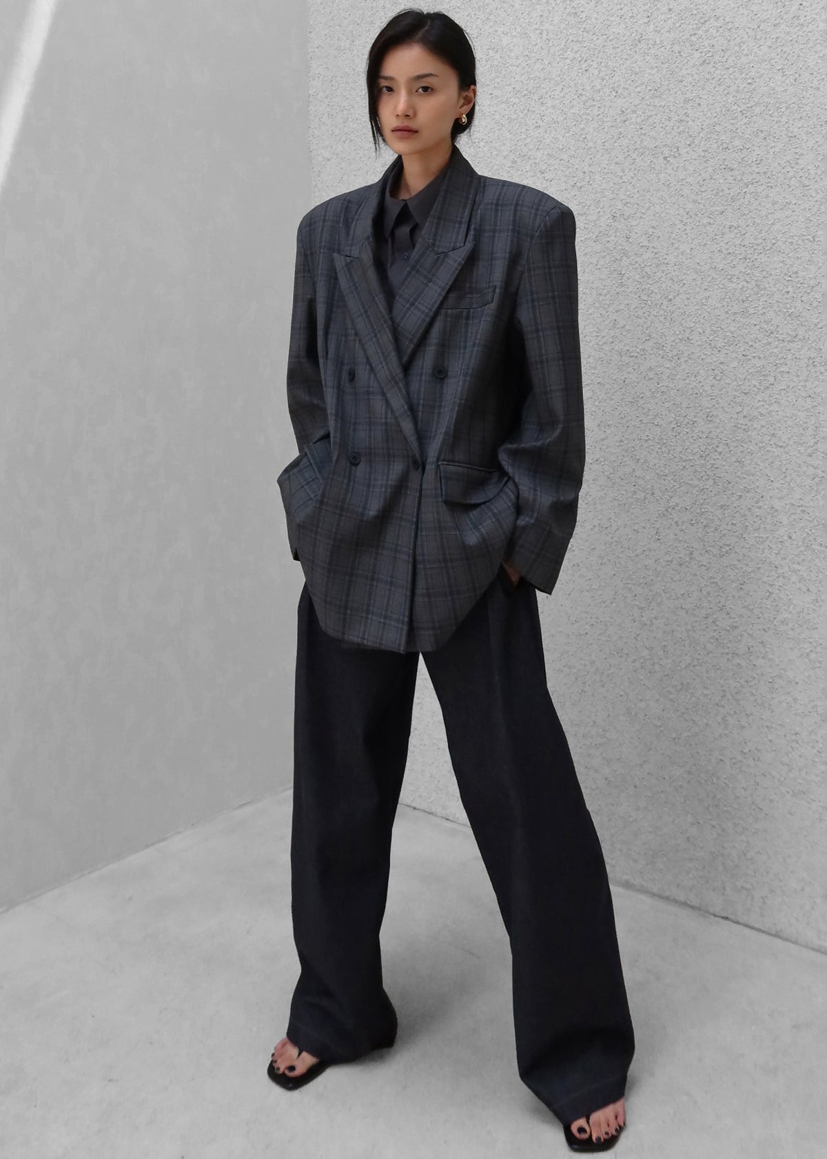 Dinant Padded Double-Breasted Blazer - Grey Plaid - 1