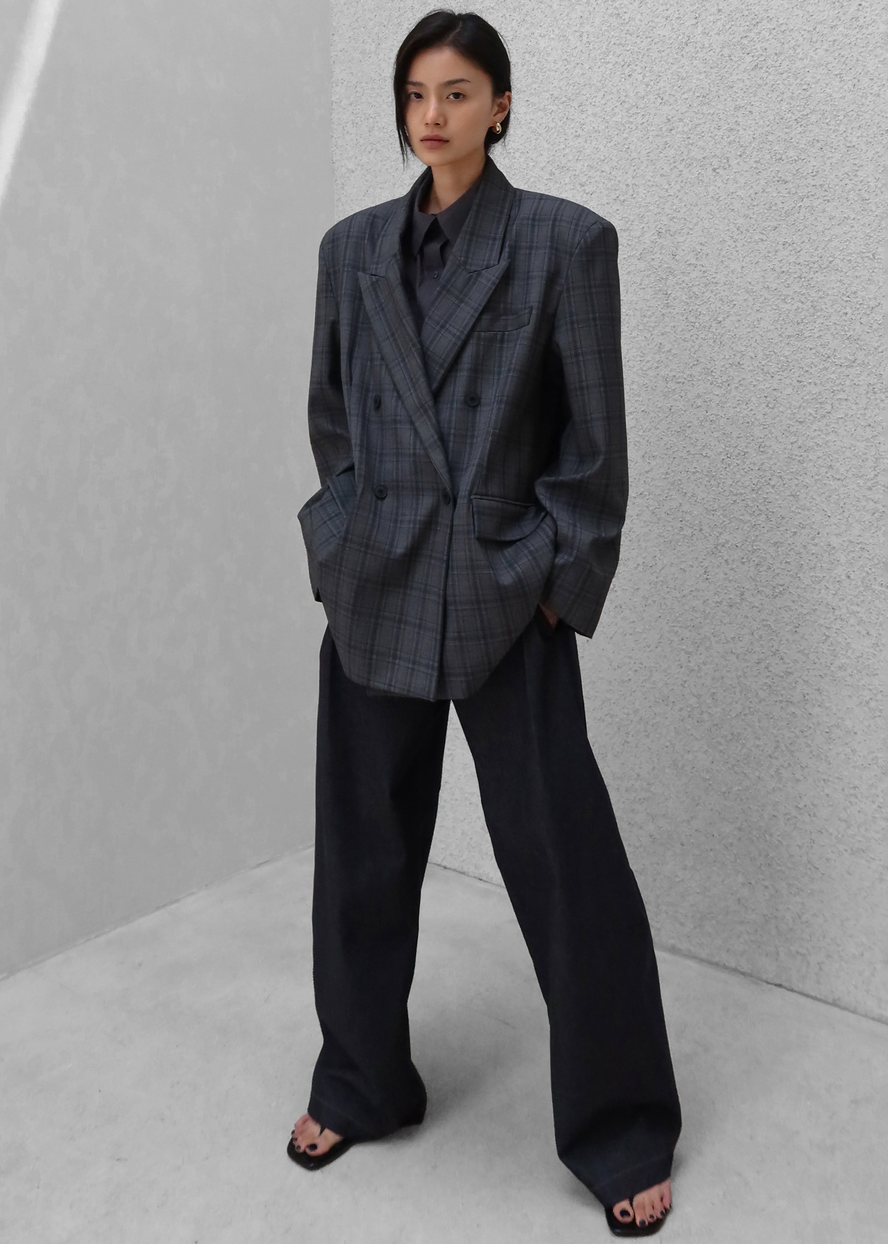 Dinant Padded Double-Breasted Blazer - Grey Plaid - 1