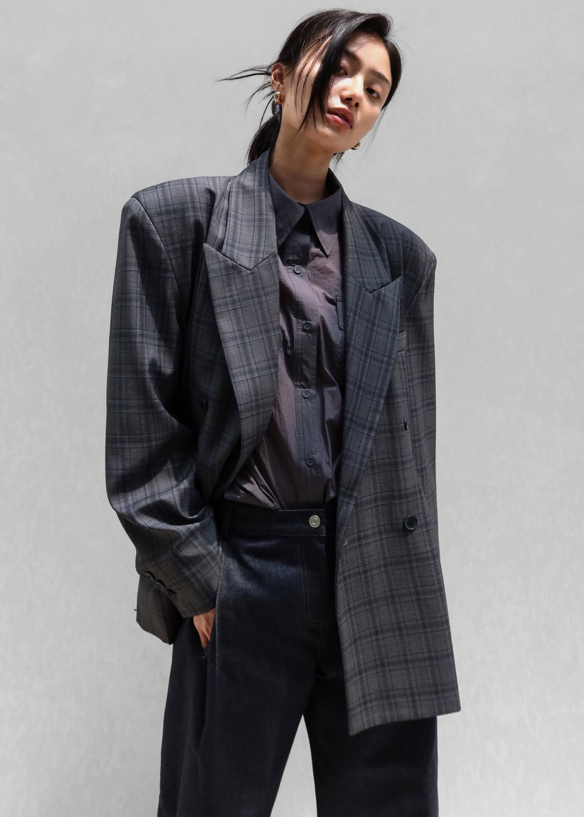 Dinant Padded Double-Breasted Blazer - Grey Plaid - 5