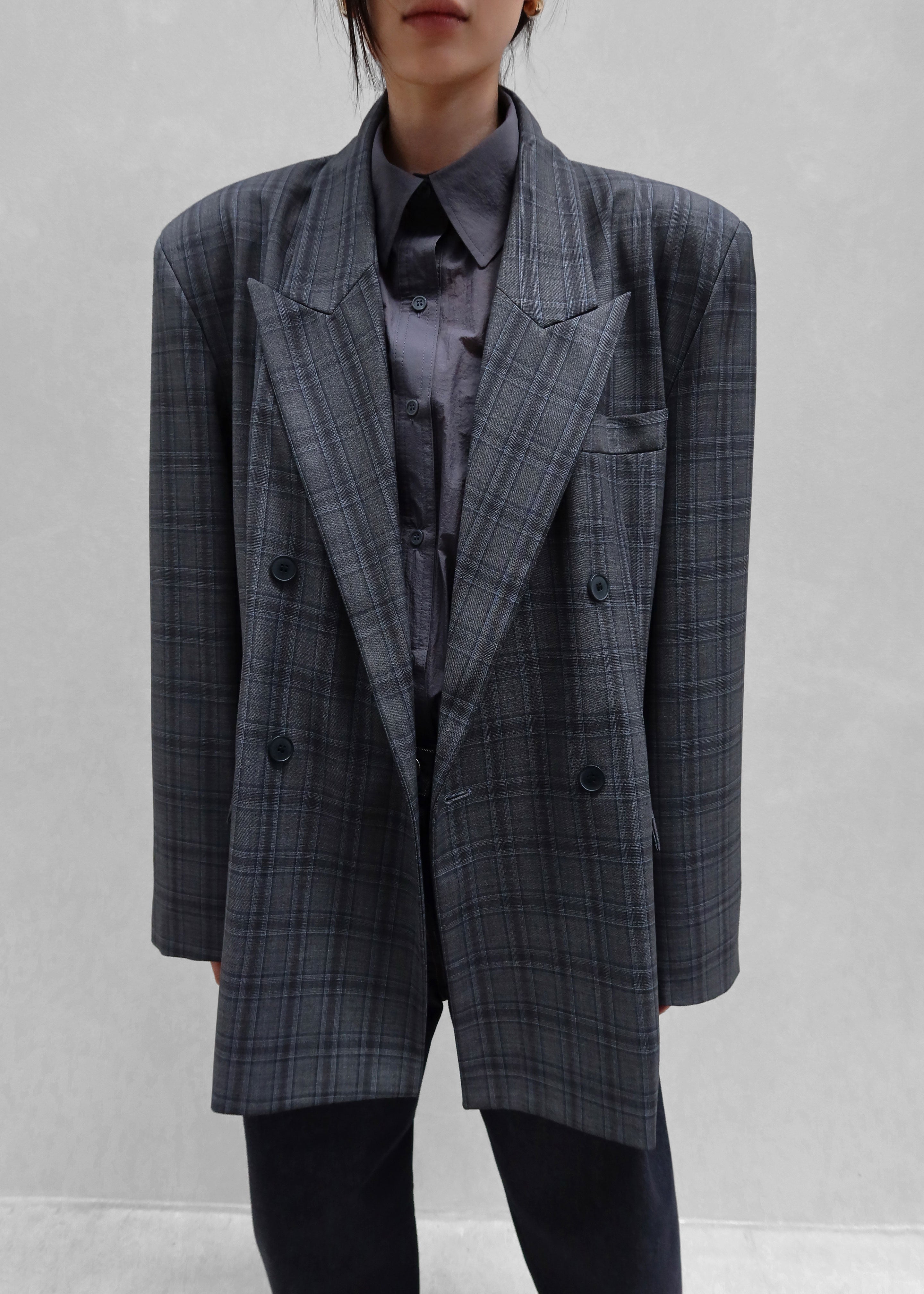 Dinant Padded Double-Breasted Blazer - Grey Plaid - 7