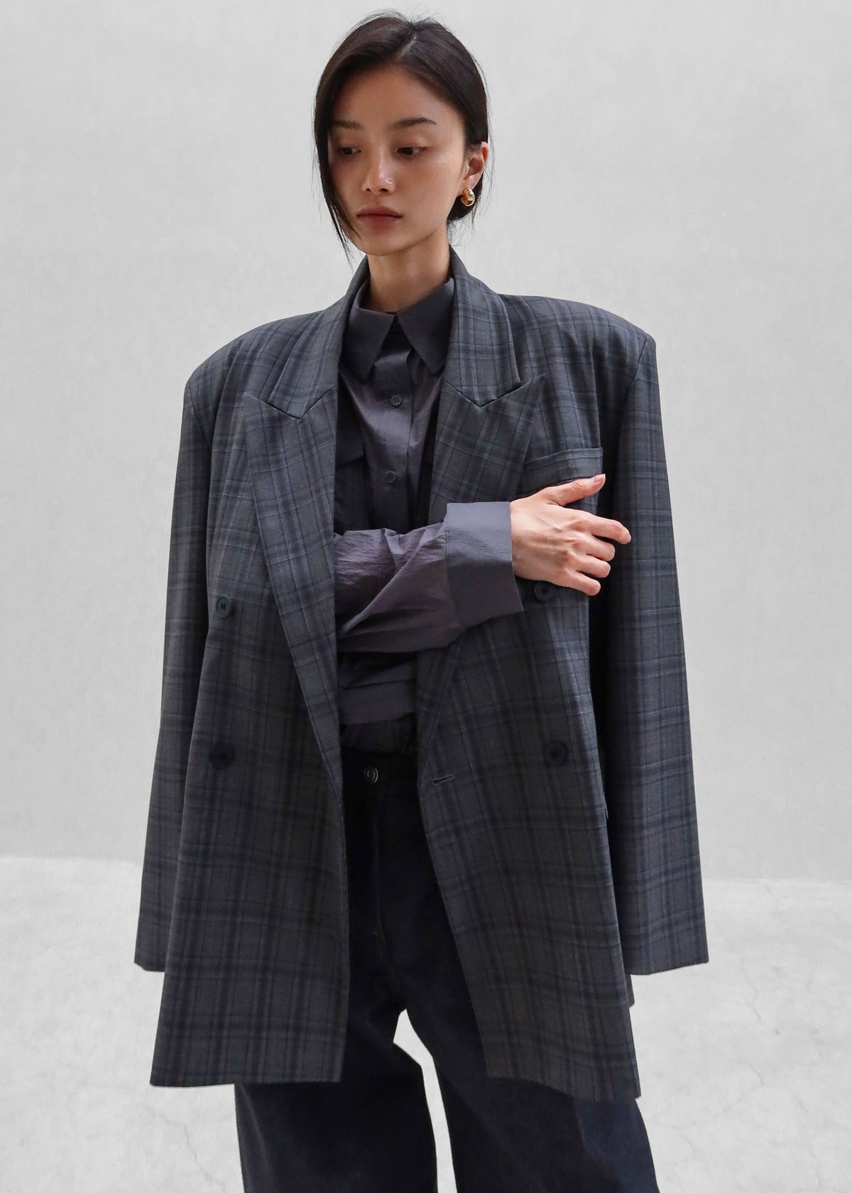 Dinant Padded Double-Breasted Blazer - Grey Plaid - 6