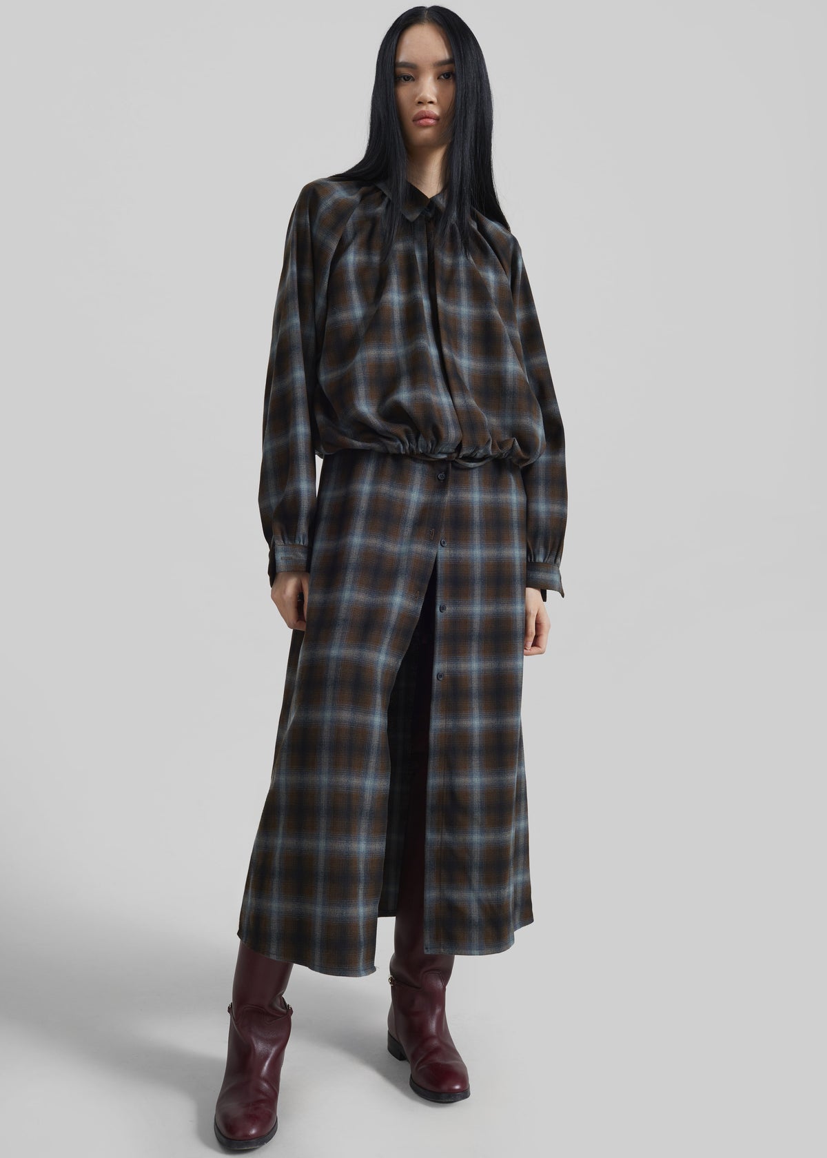 Ebell Layered Shirt Dress - Brown Plaid - 2