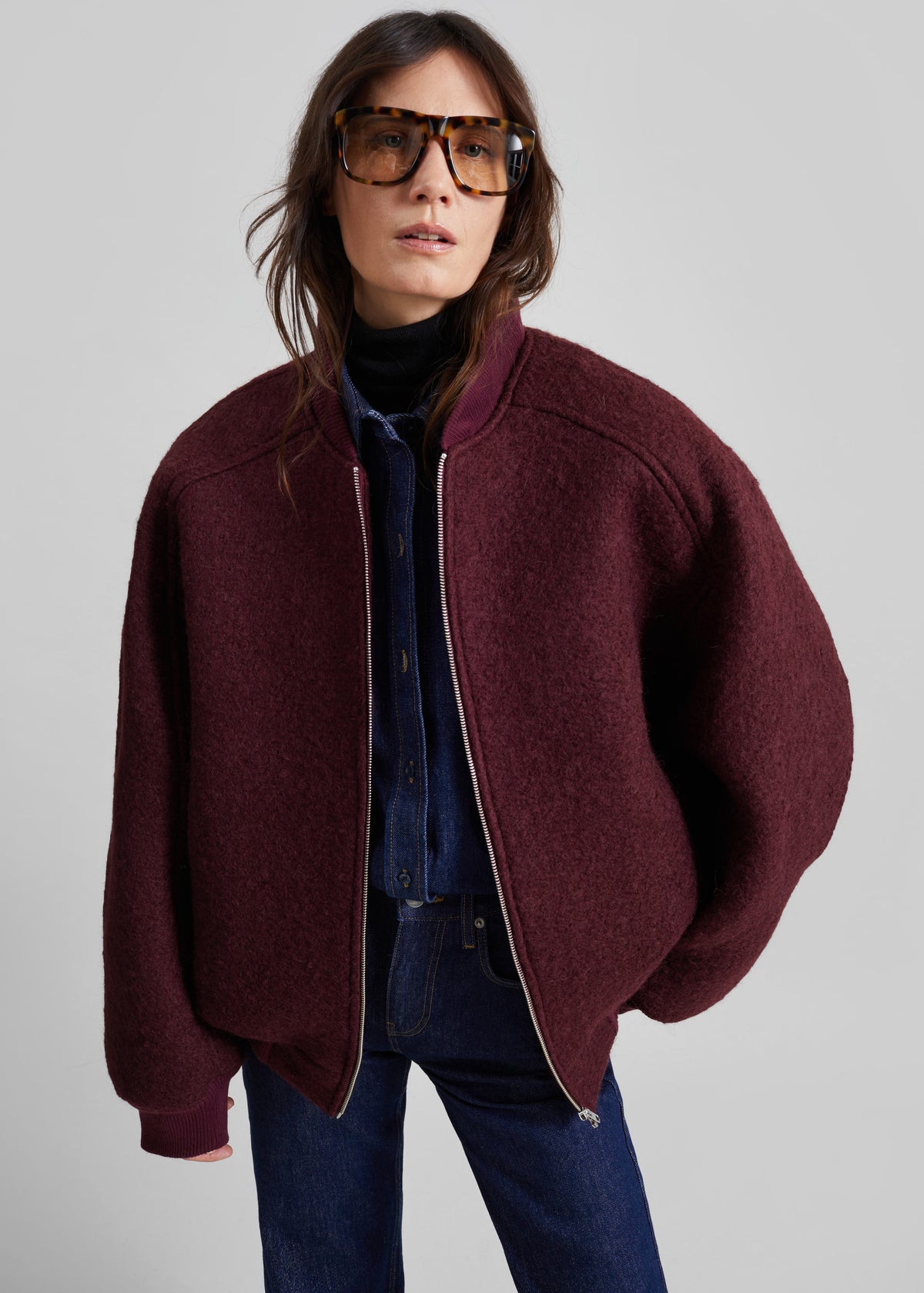 Elinor Boucle Oversized Bomber Jacket - Burgundy