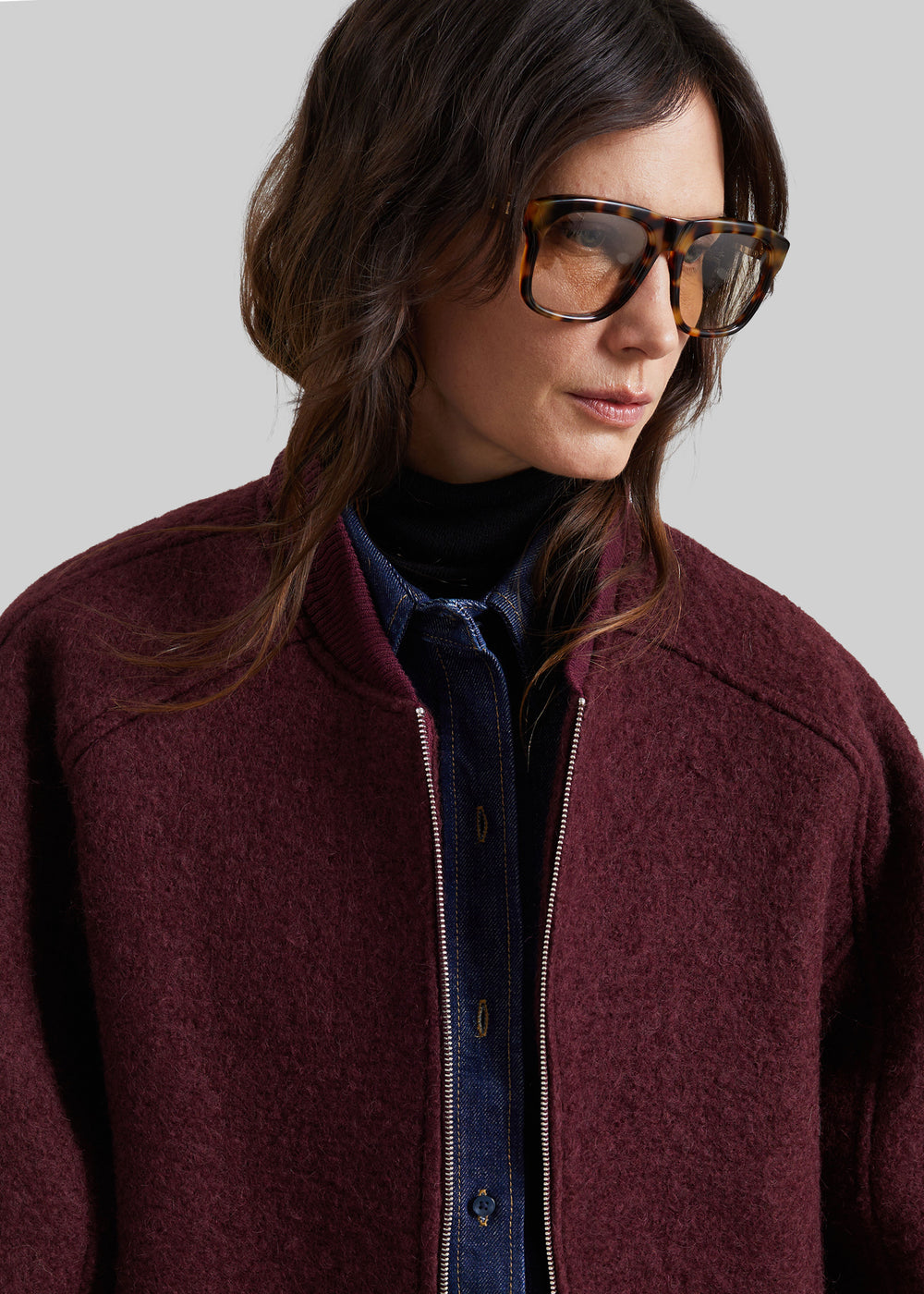 Elinor Boucle Oversized Bomber Jacket - Burgundy - 1