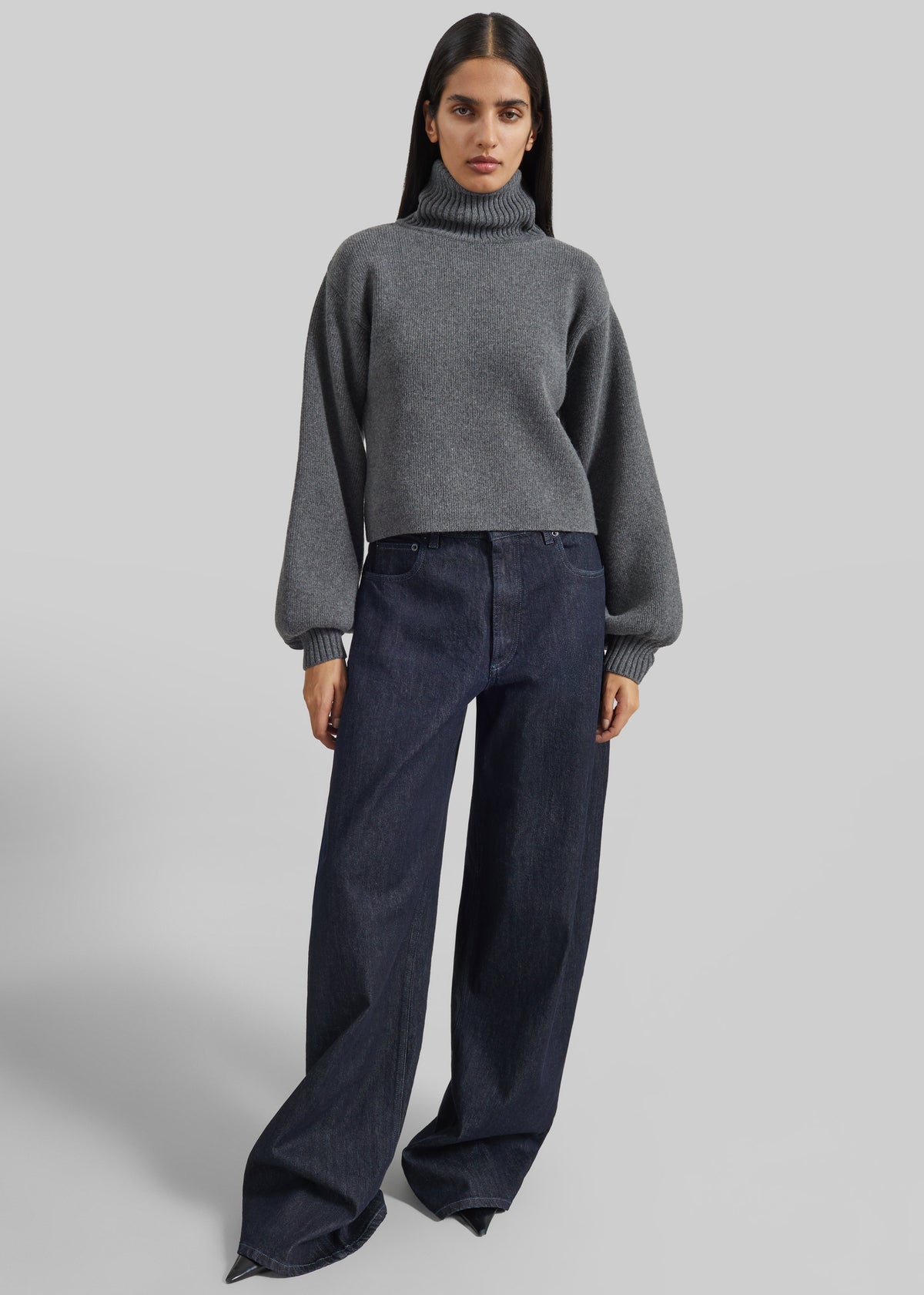Elly Balloon Sleeve Turtleneck Sweater - Grey