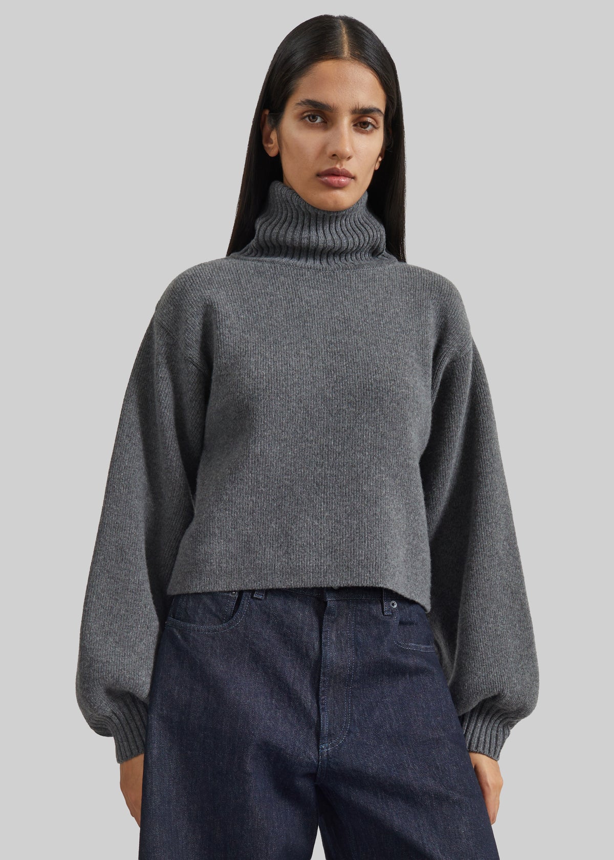 Elly Balloon Sleeve Turtleneck Sweater - Grey