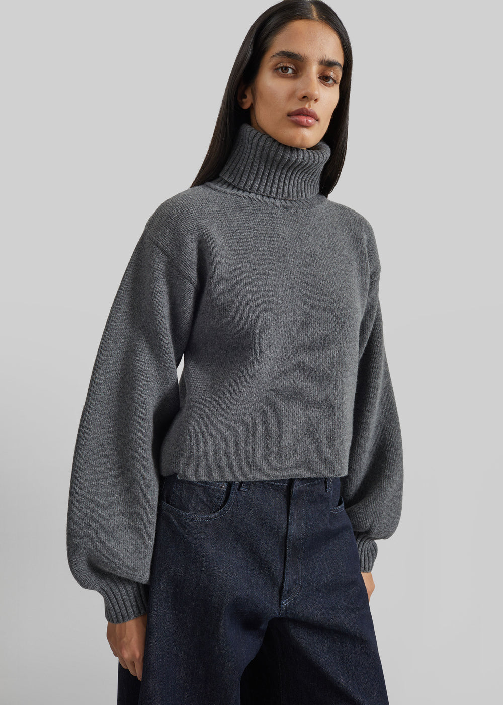 Elly Balloon Sleeve Turtleneck Sweater - Grey - 1