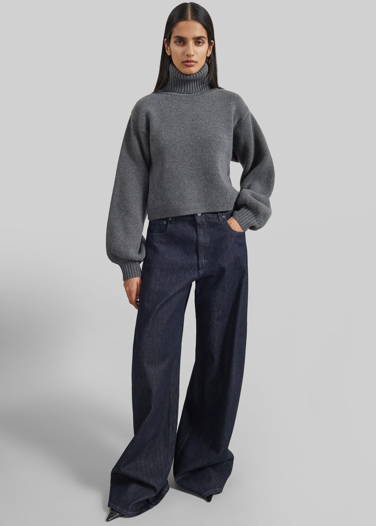 Elly Balloon Sleeve Turtleneck Sweater - Grey
