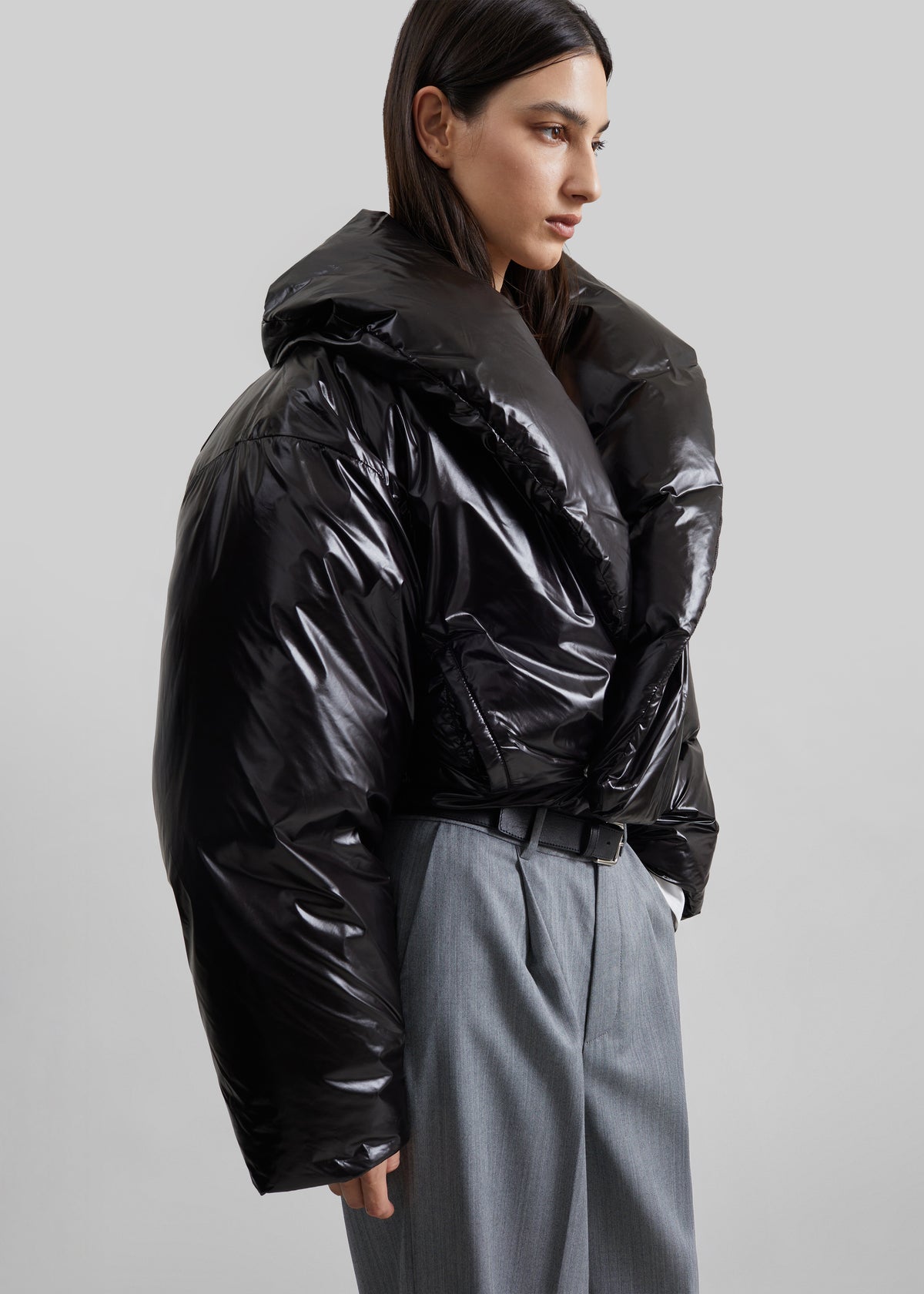 Elren Shawl Collar Cropped Puffer Jacket - Black
