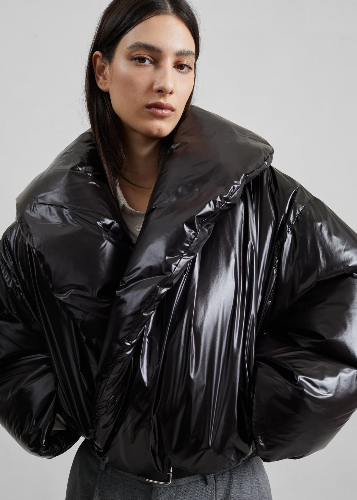 Elren Shawl Collar Cropped Puffer Jacket - Black