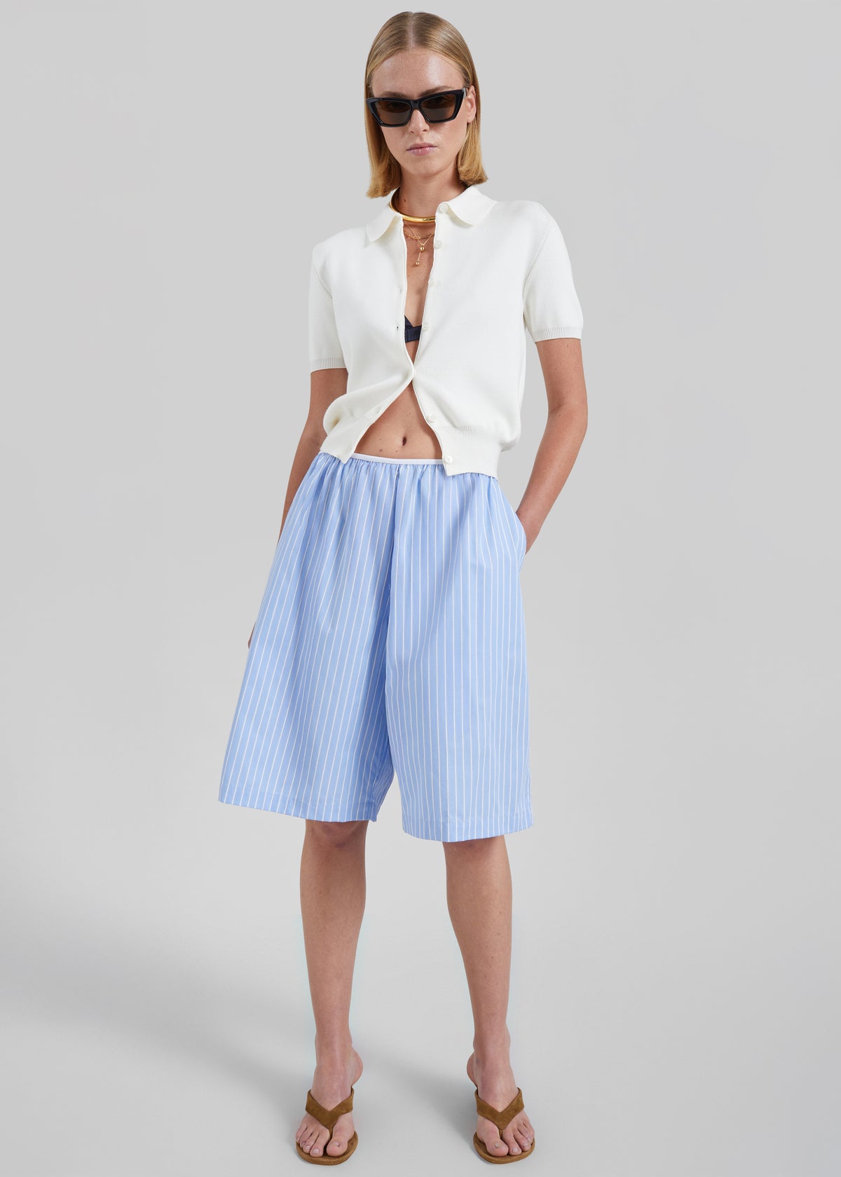 Elyn Cotton Bermuda Shorts - Blue/White Stripe - 1