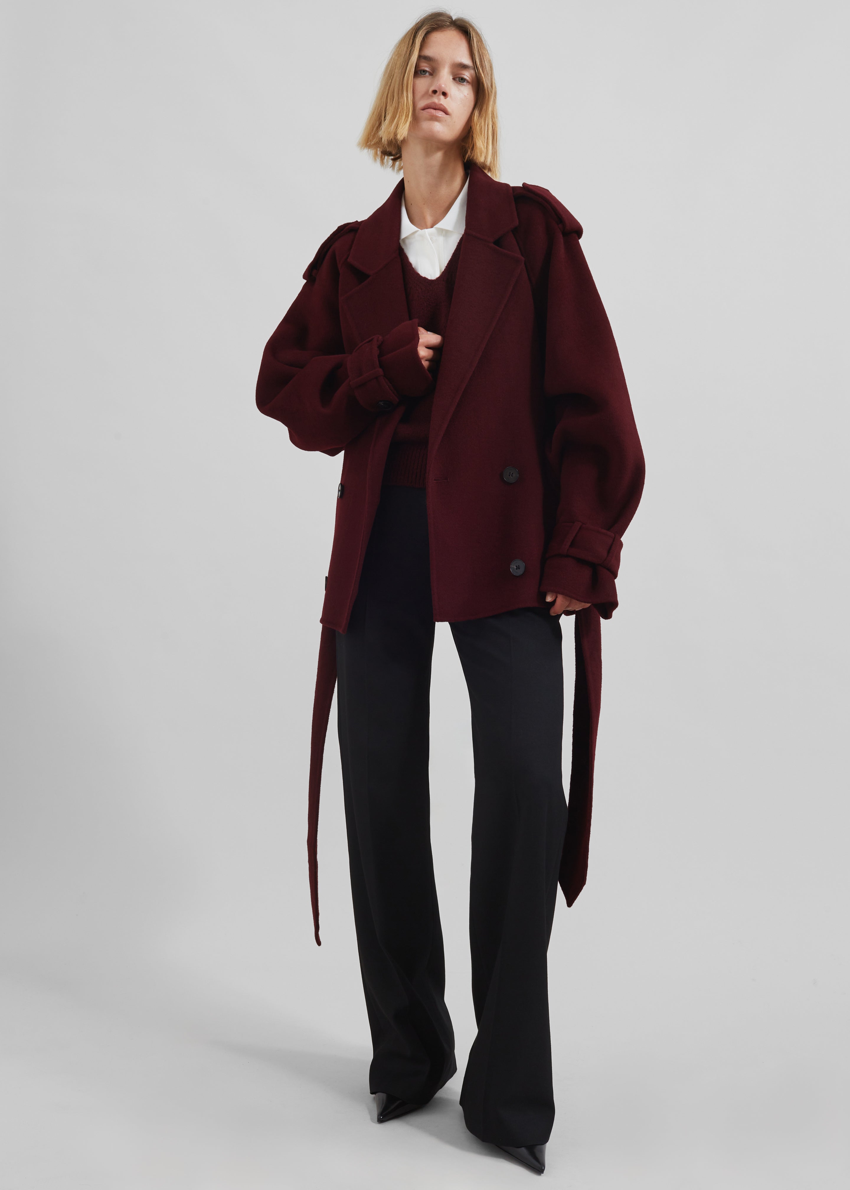 Elys Short Wool Trench - Burgundy - 2